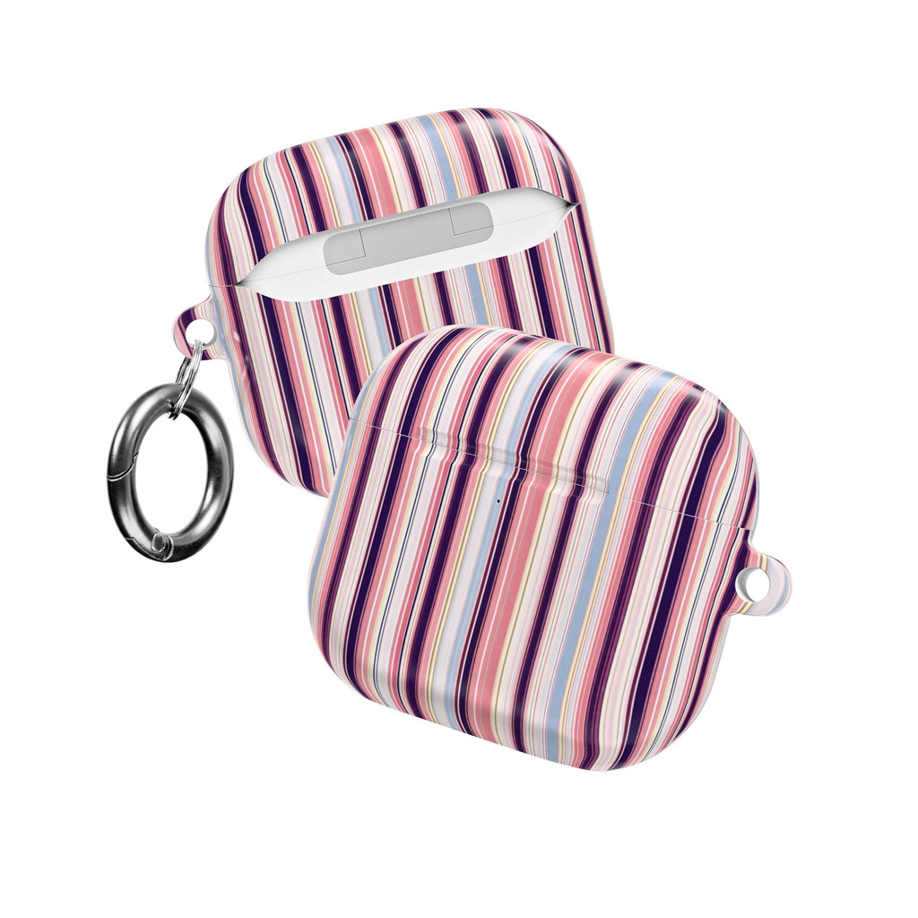AirPods case with colorful vertical stripes, lid closed, two keyring loops