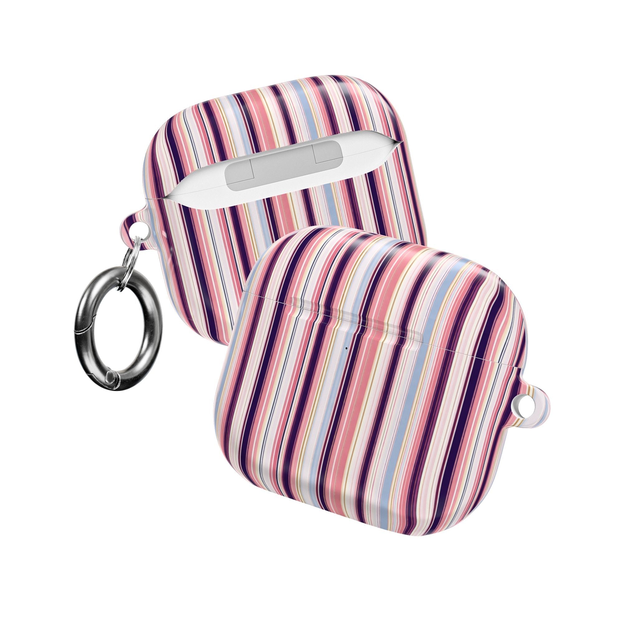 AirPods case with colorful vertical stripes, lid closed, two keyring loops