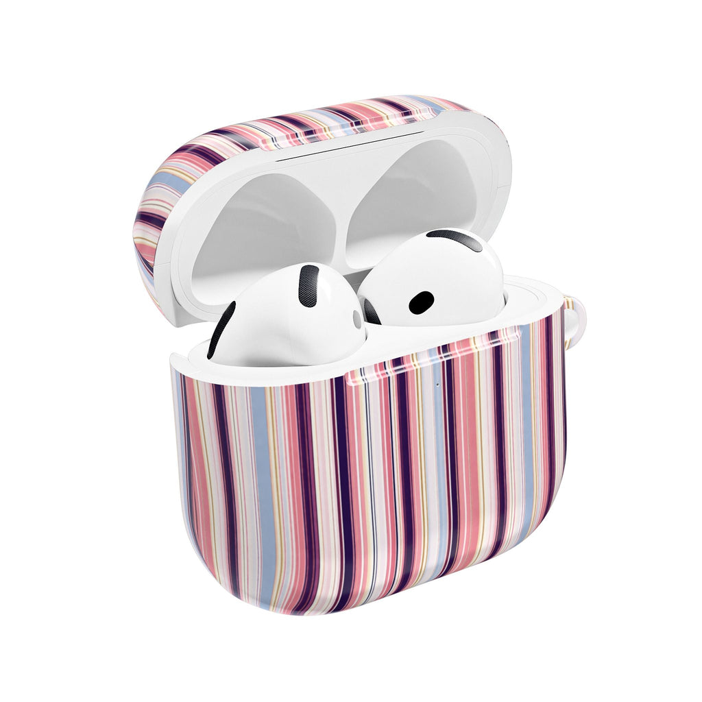 AirPods case with colorful vertical Charleston stripes and open lid