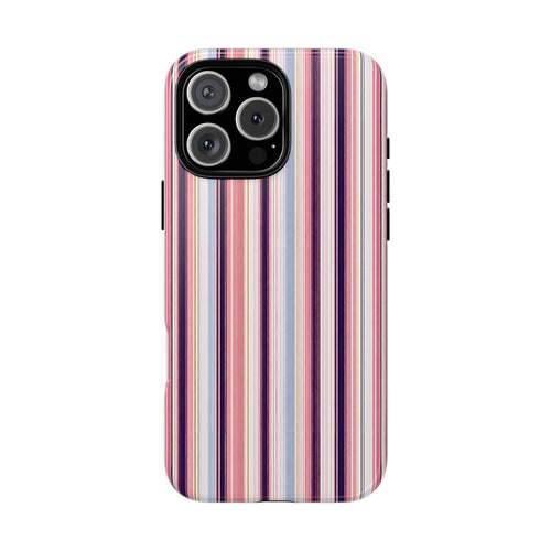 Charleston stripes phone case with pink, blue, and navy vertical stripes, camera cutout