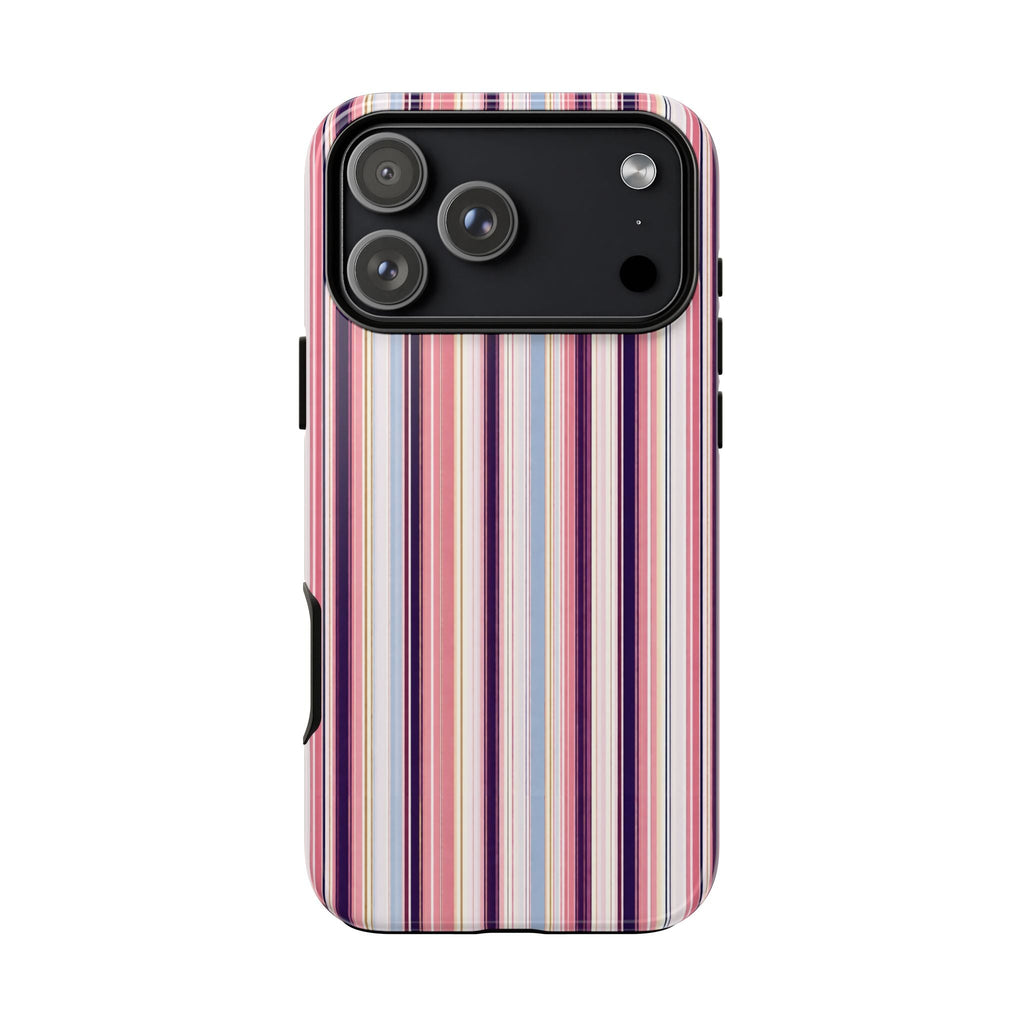 Phone case back view: vertical pastel and navy stripes with raised camera bump