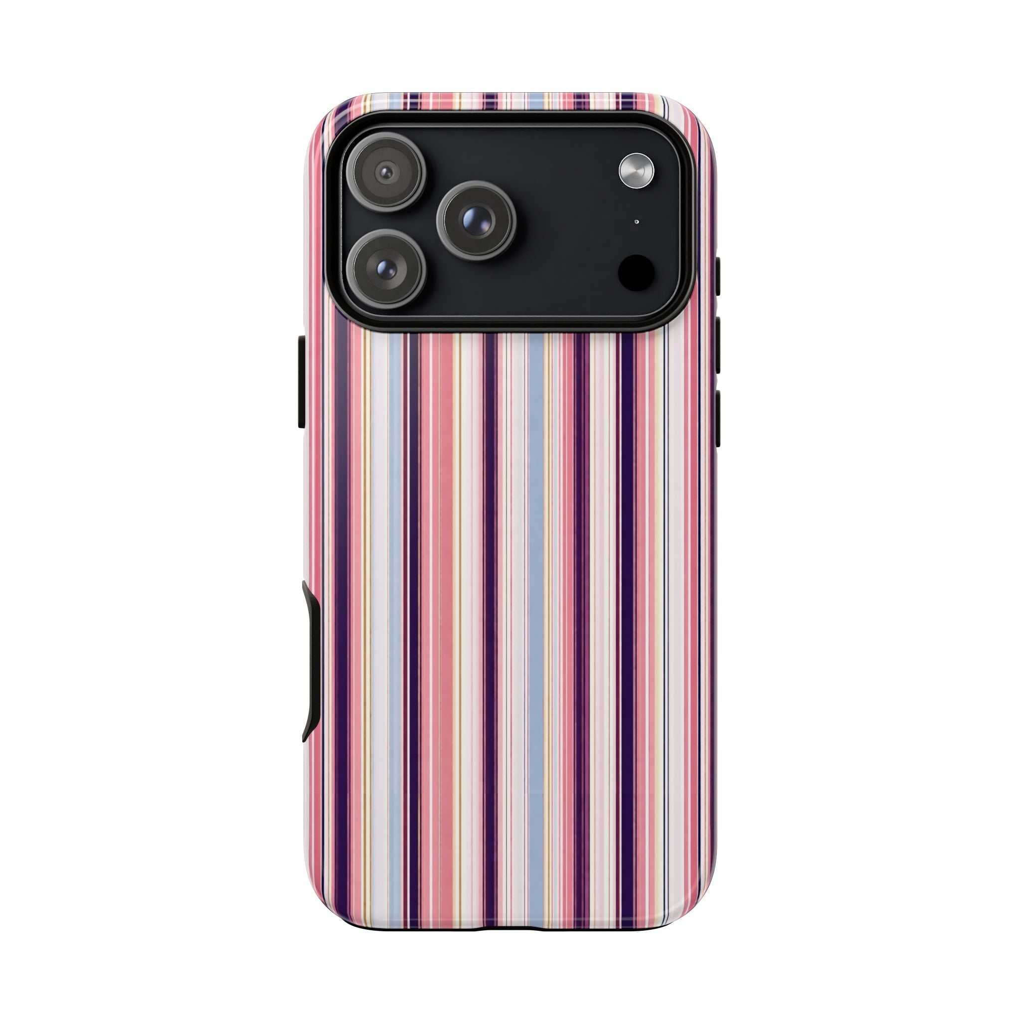 Phone case back view: vertical pastel and navy stripes with raised camera bump