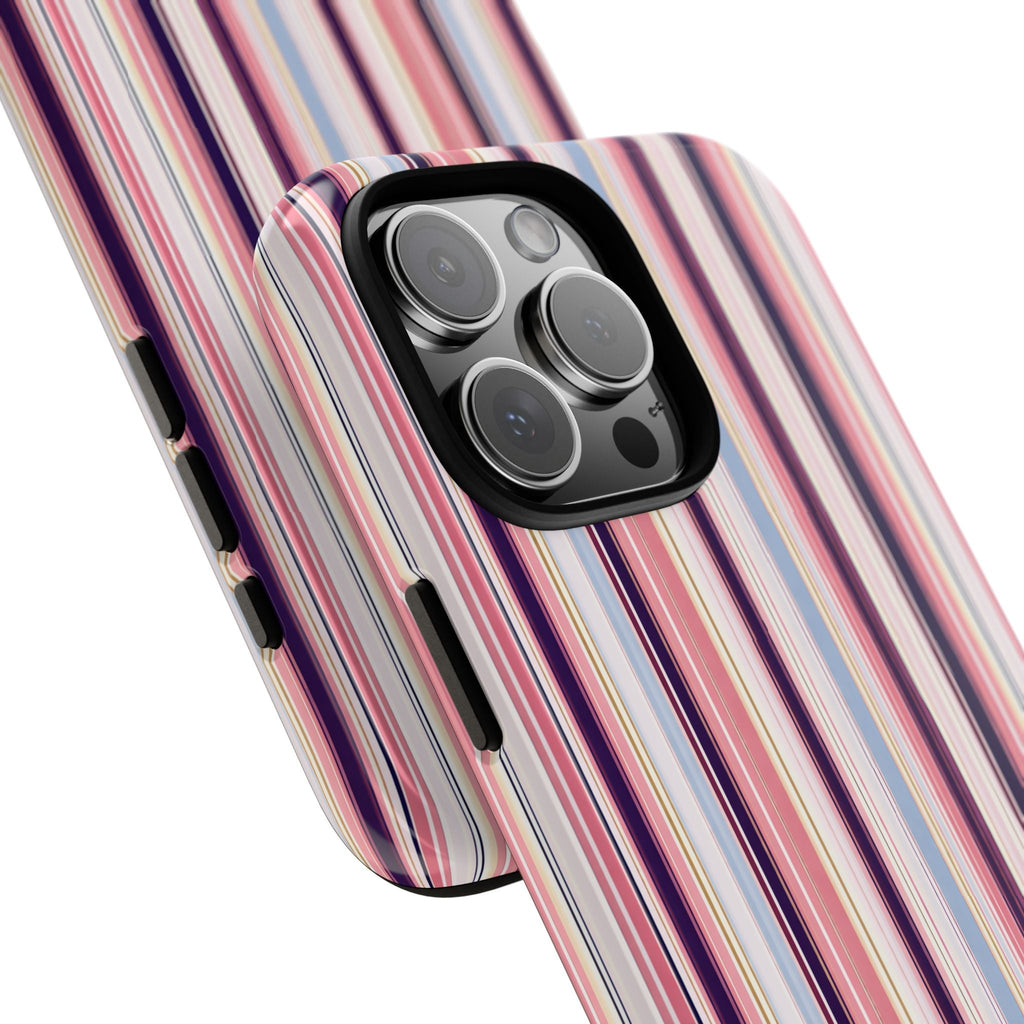 Charleston stripes phone case side profile, pink-blue-navy stripes and camera lens protection
