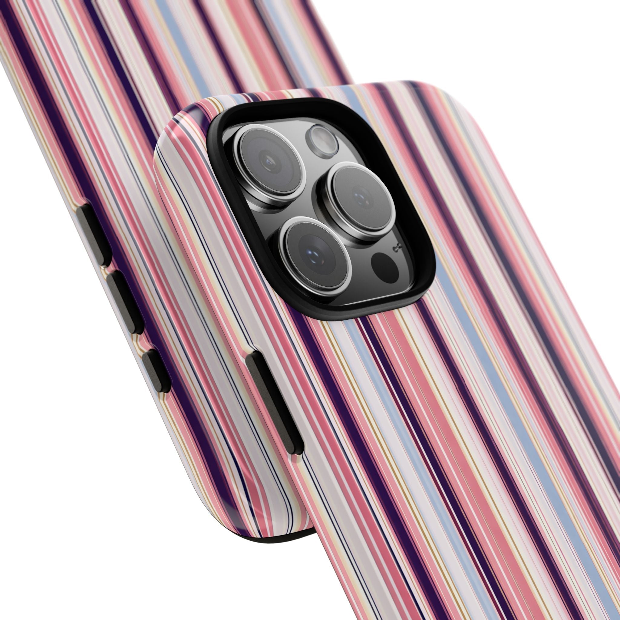 Charleston stripes phone case side profile, pink-blue-navy stripes and camera lens protection