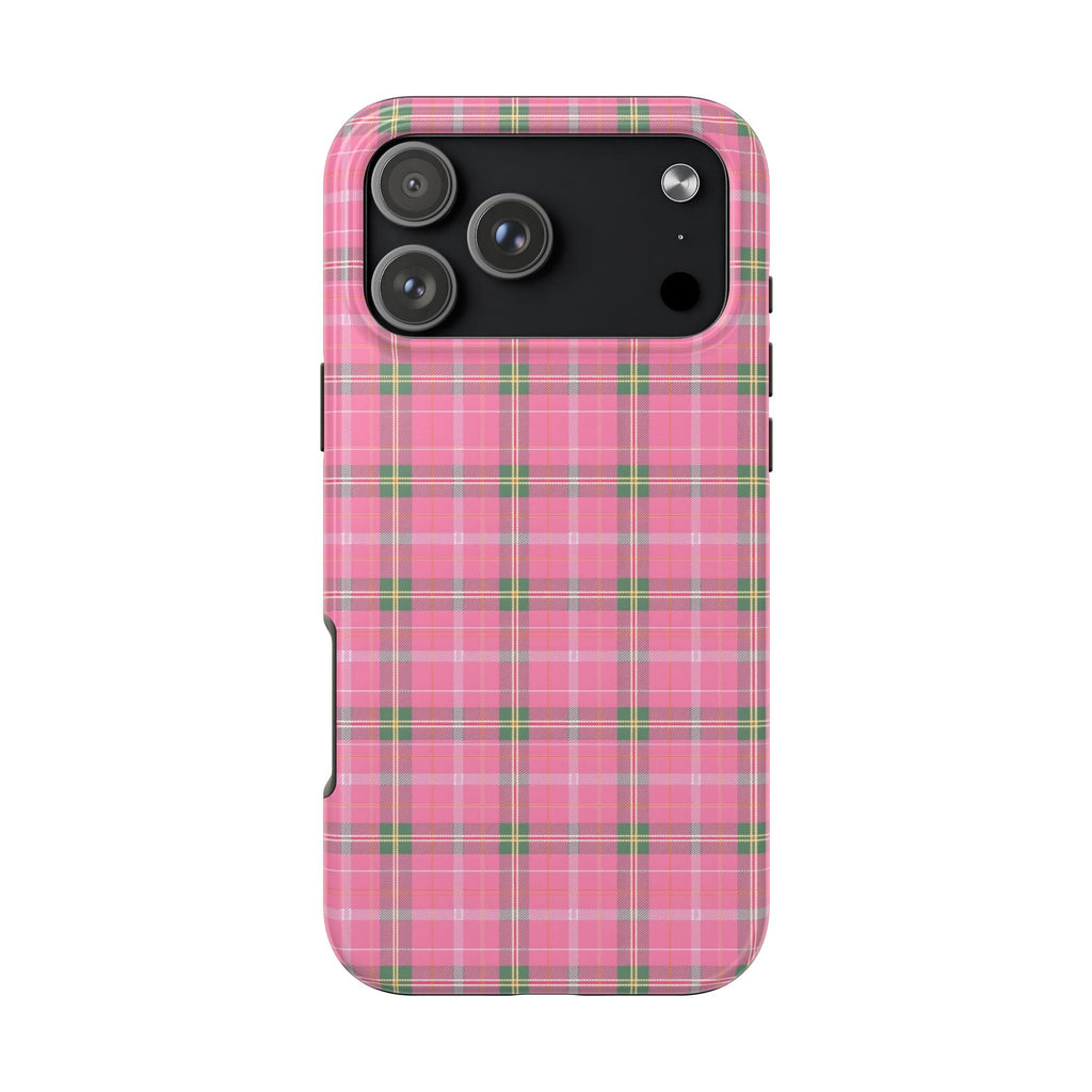 Pink cherry blossom plaid phone case with green tartan grid, dual camera cutouts