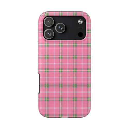 Pink cherry blossom plaid phone case with green tartan grid, dual camera cutouts