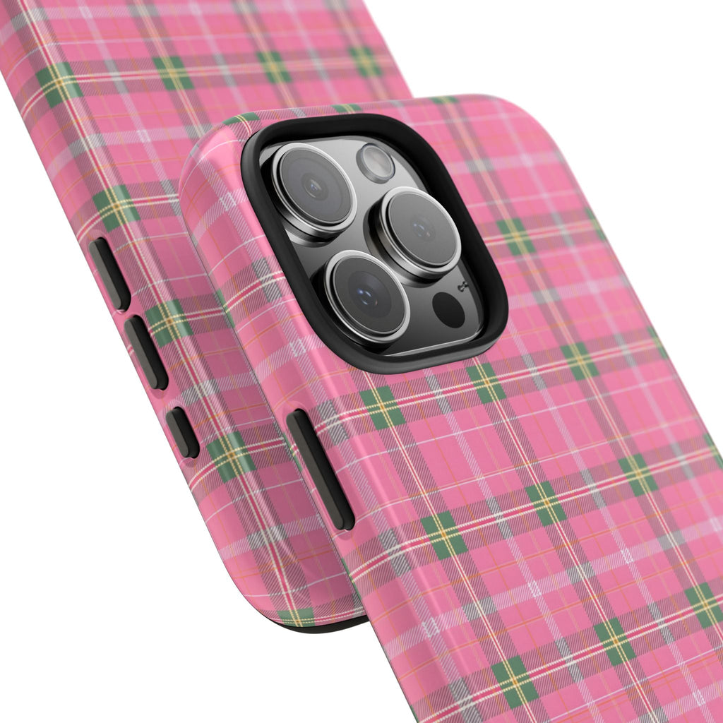 Pink tartan plaid phone case with side button cutouts and raised camera bump