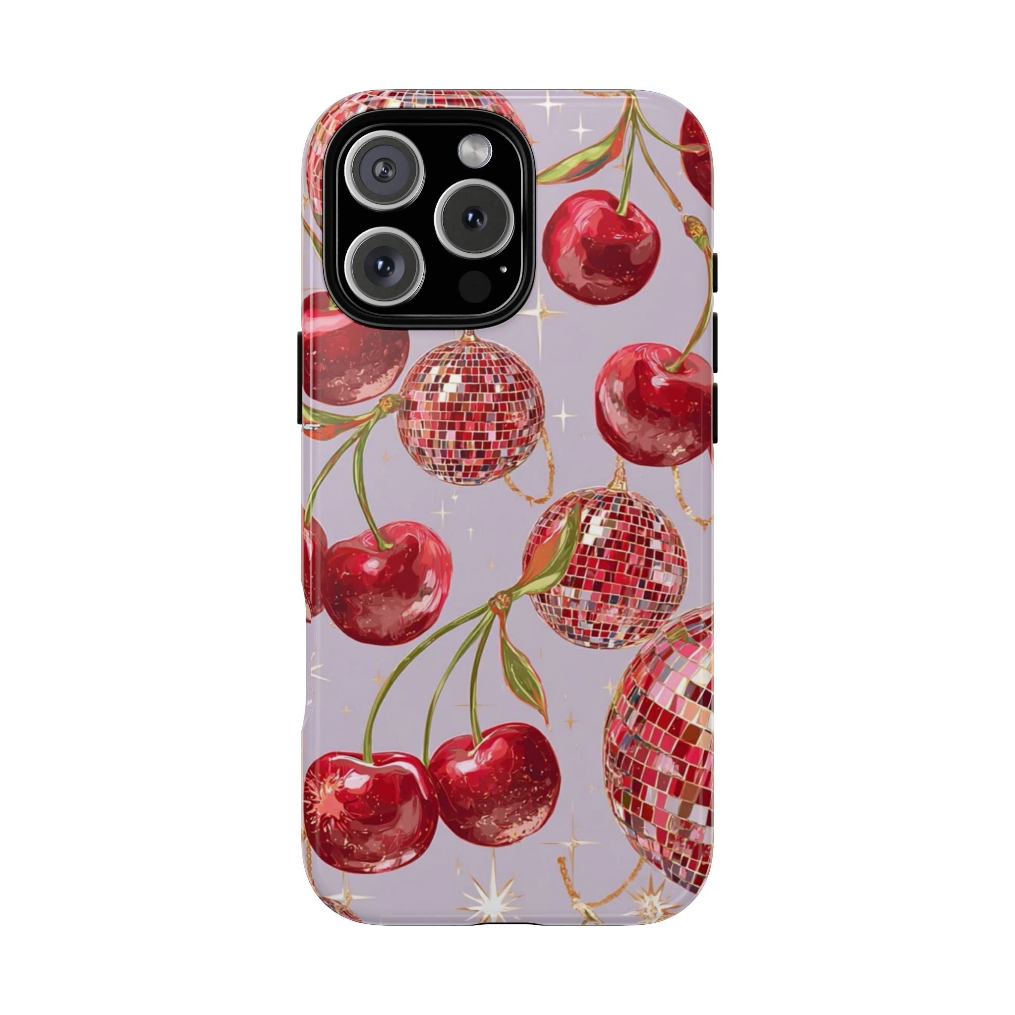 Cherry disco phone case with red cherries and mirrored disco balls, camera cutouts