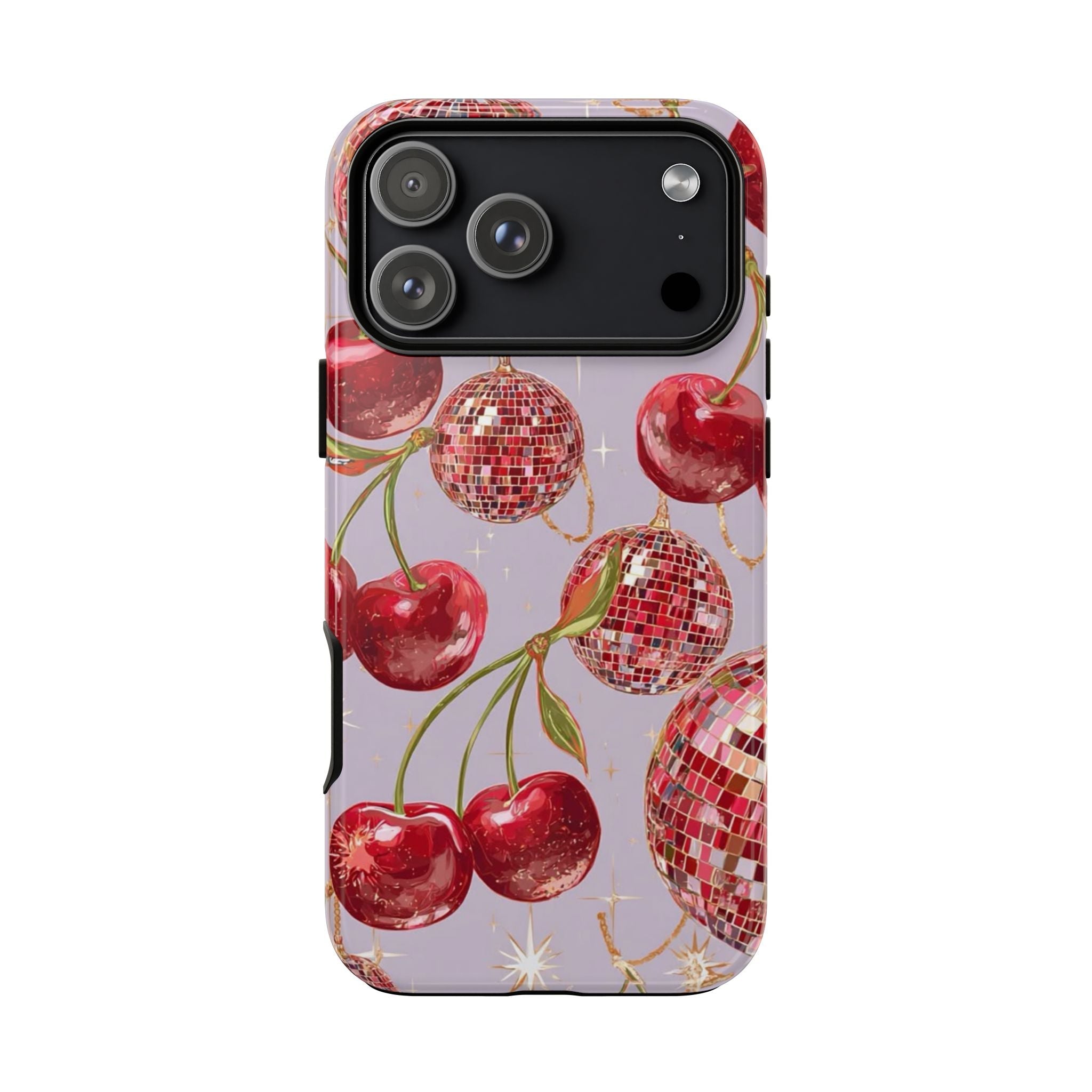 Cherry disco phone case with red cherries and disco balls, star sparkles, camera cutouts