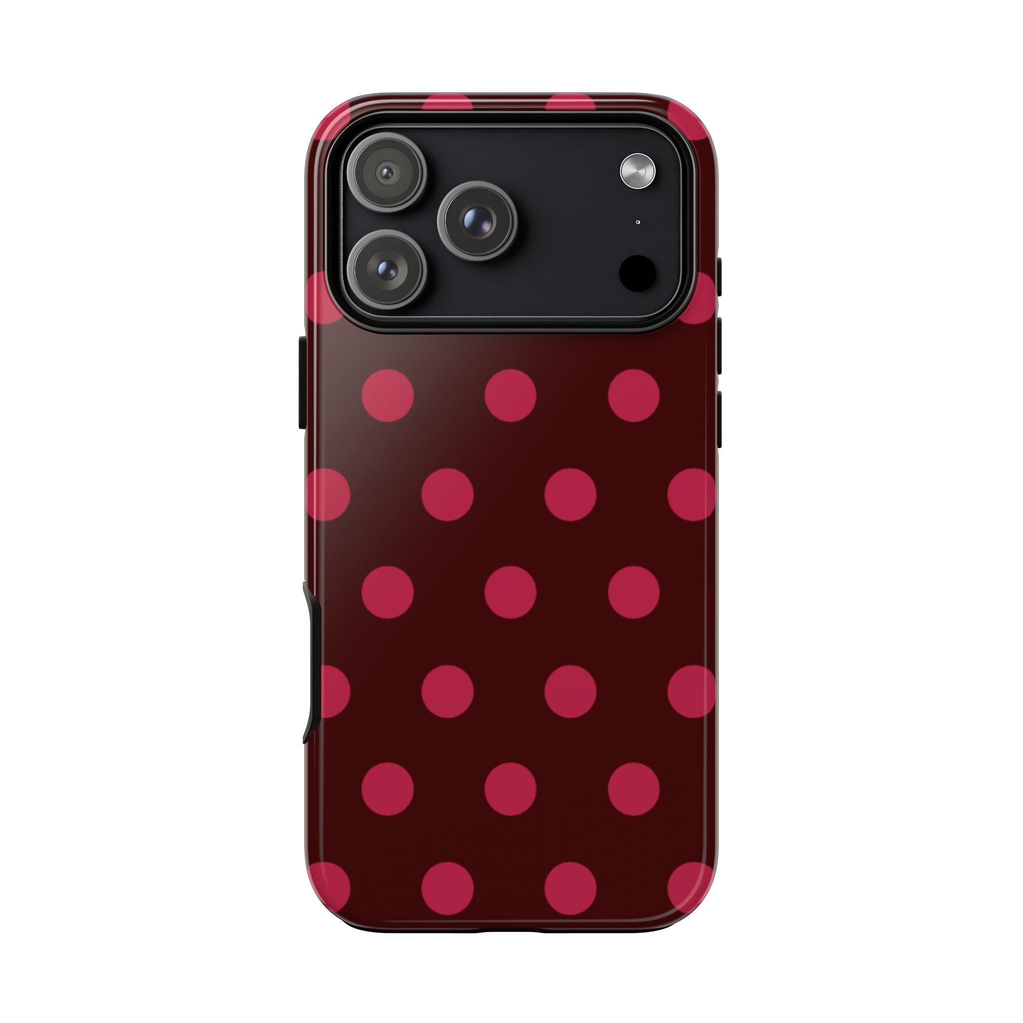 Cherry red polka dot phone case with camera lens openings and raised edges
