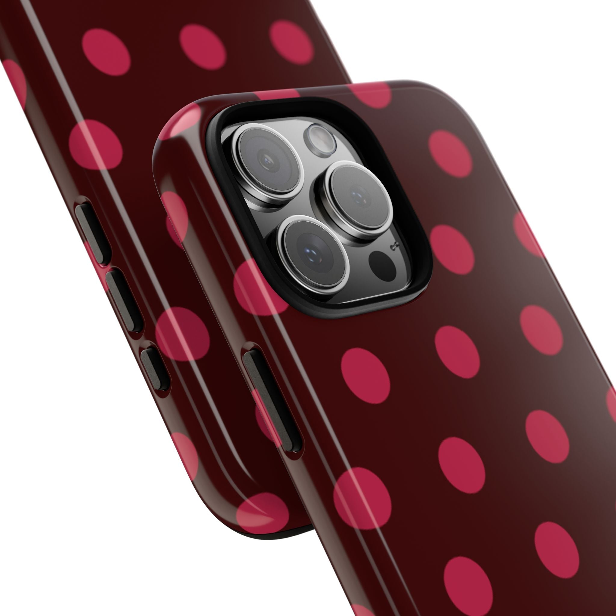 Cherry polka dot phone case with side button cutouts and camera module