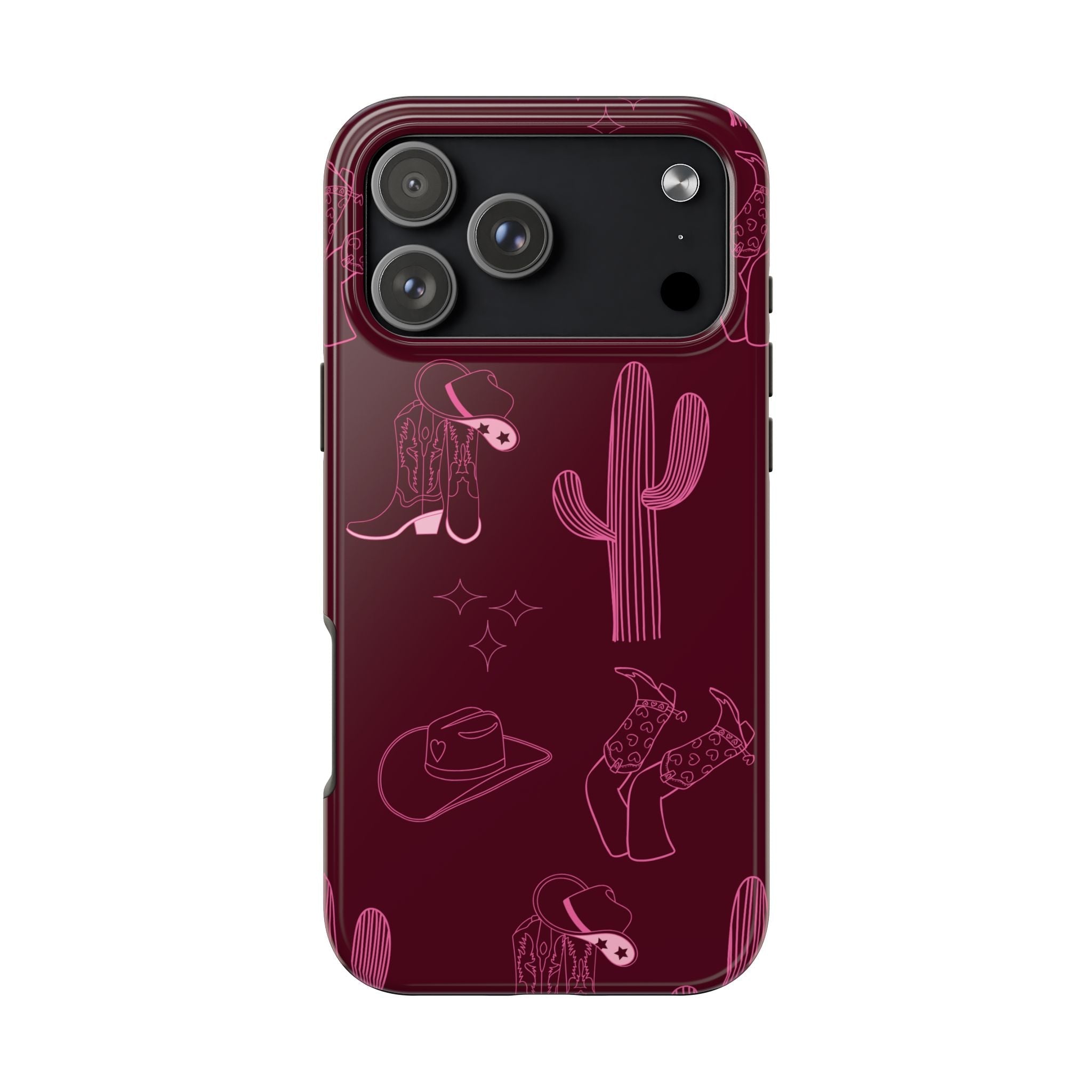 Cherry red cowboy/cowgirl phone case with western hat, boots, and cactus line art