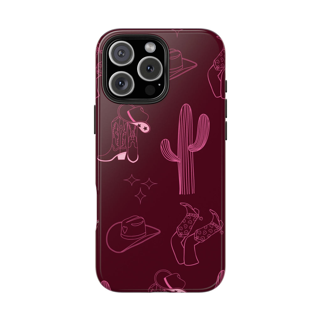 Cherry red cowgirl phone case with boots, hat, and cactus icons in magenta line art