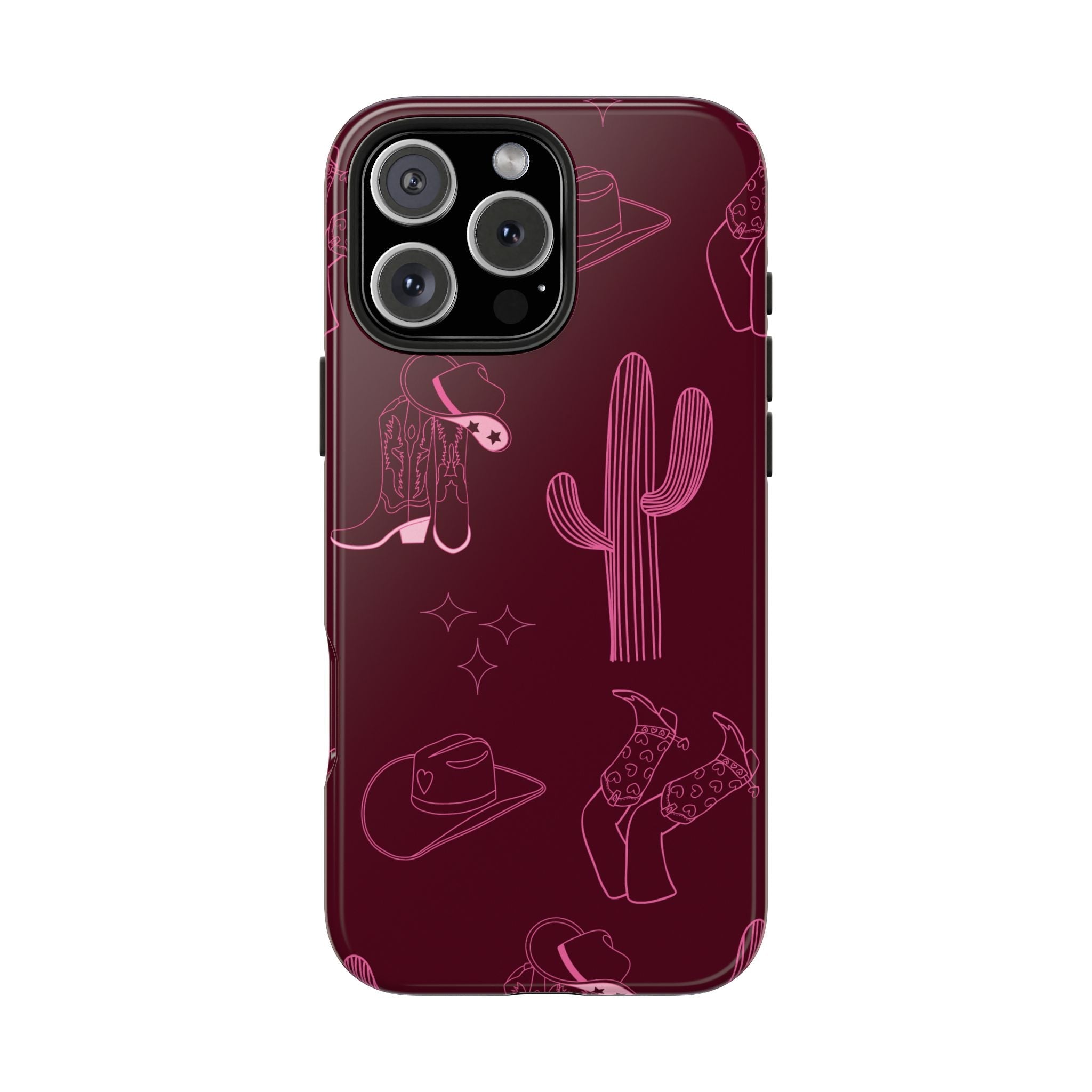 Cherry red cowgirl phone case with boots, hat, and cactus icons in magenta line art