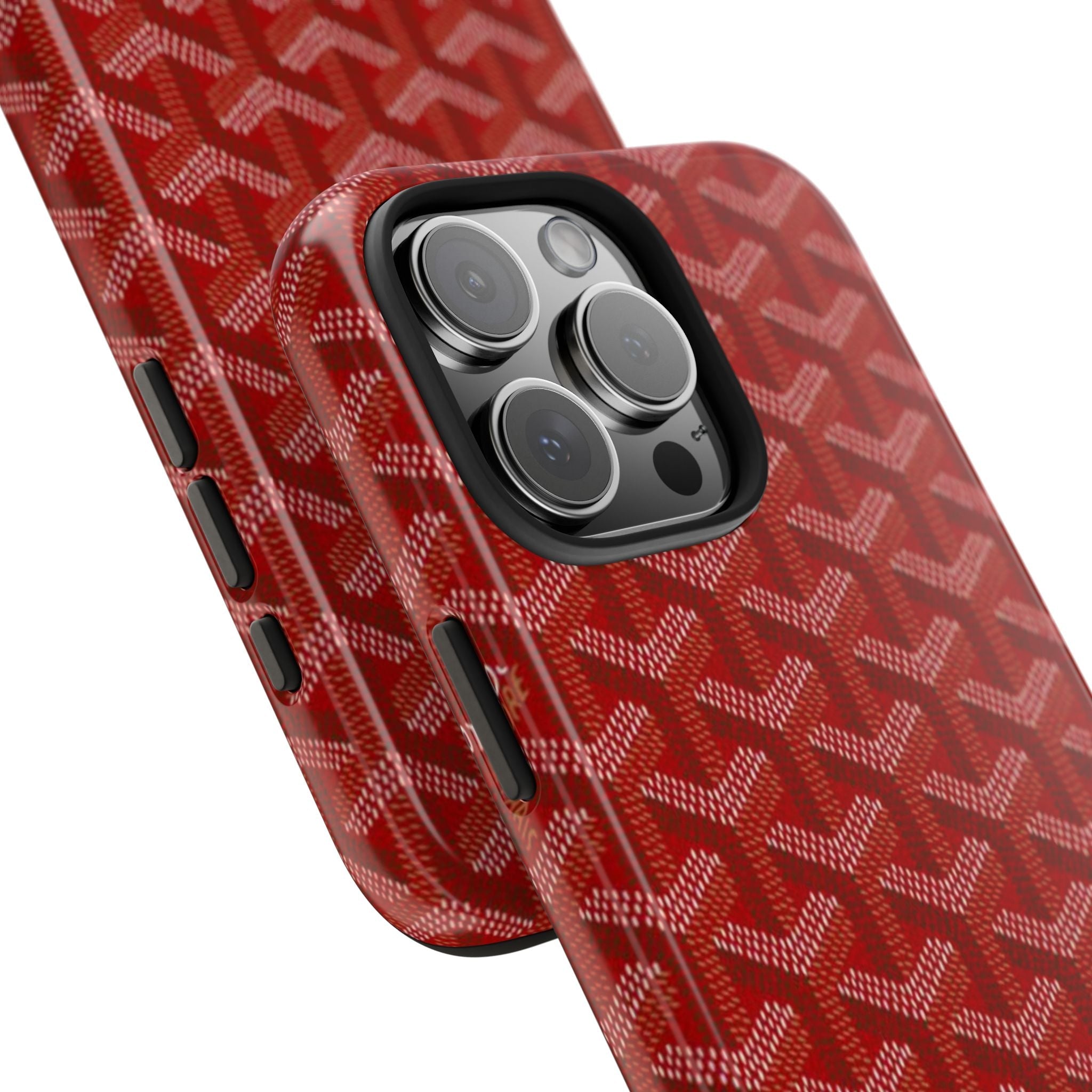 Cherry red phone case showing side buttons and geometric pattern near camera lenses