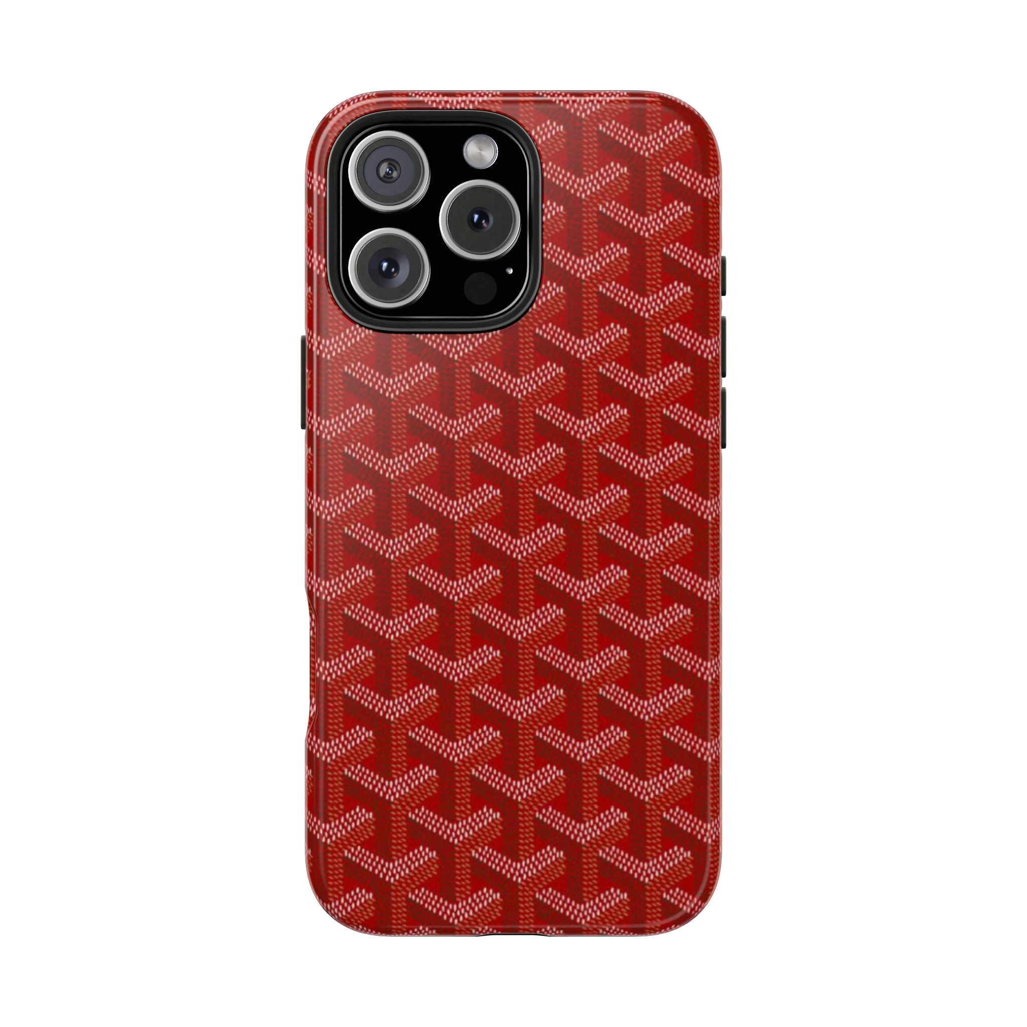 Cherry red phone case with geometric pattern on back and raised camera island