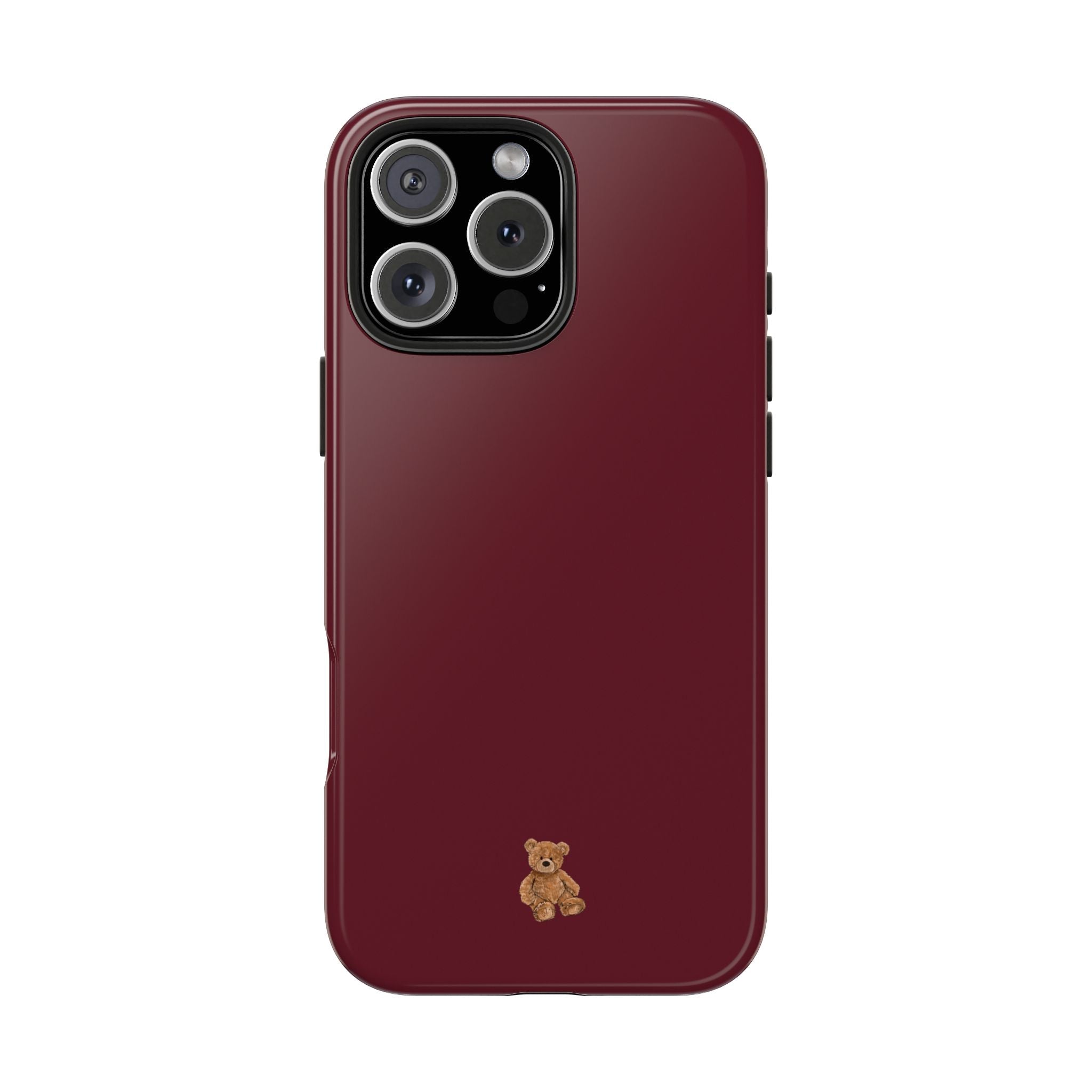 Cherry red phone case back with small teddy bear detail and camera openings