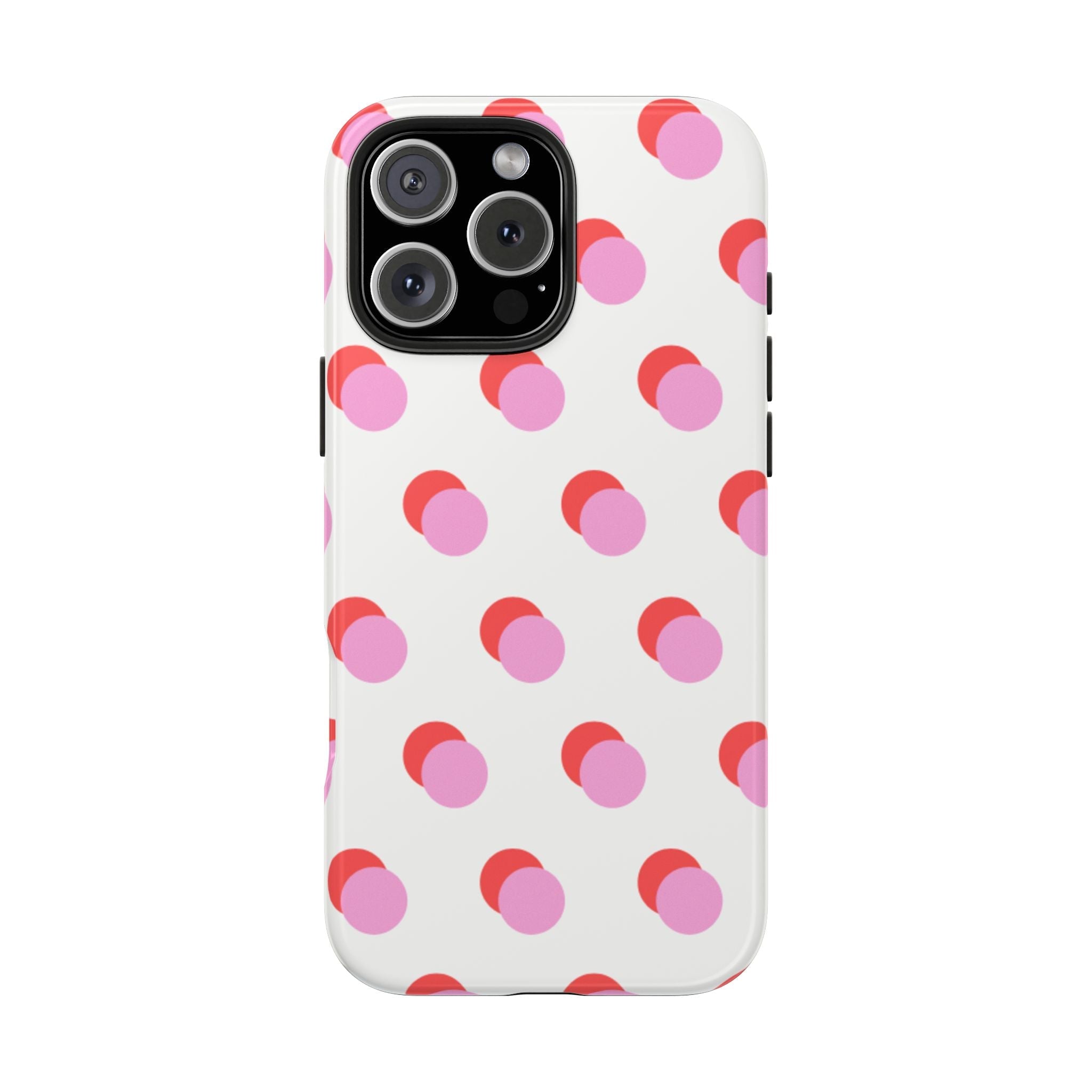 White phone case with pink and red polka dots, raised camera area