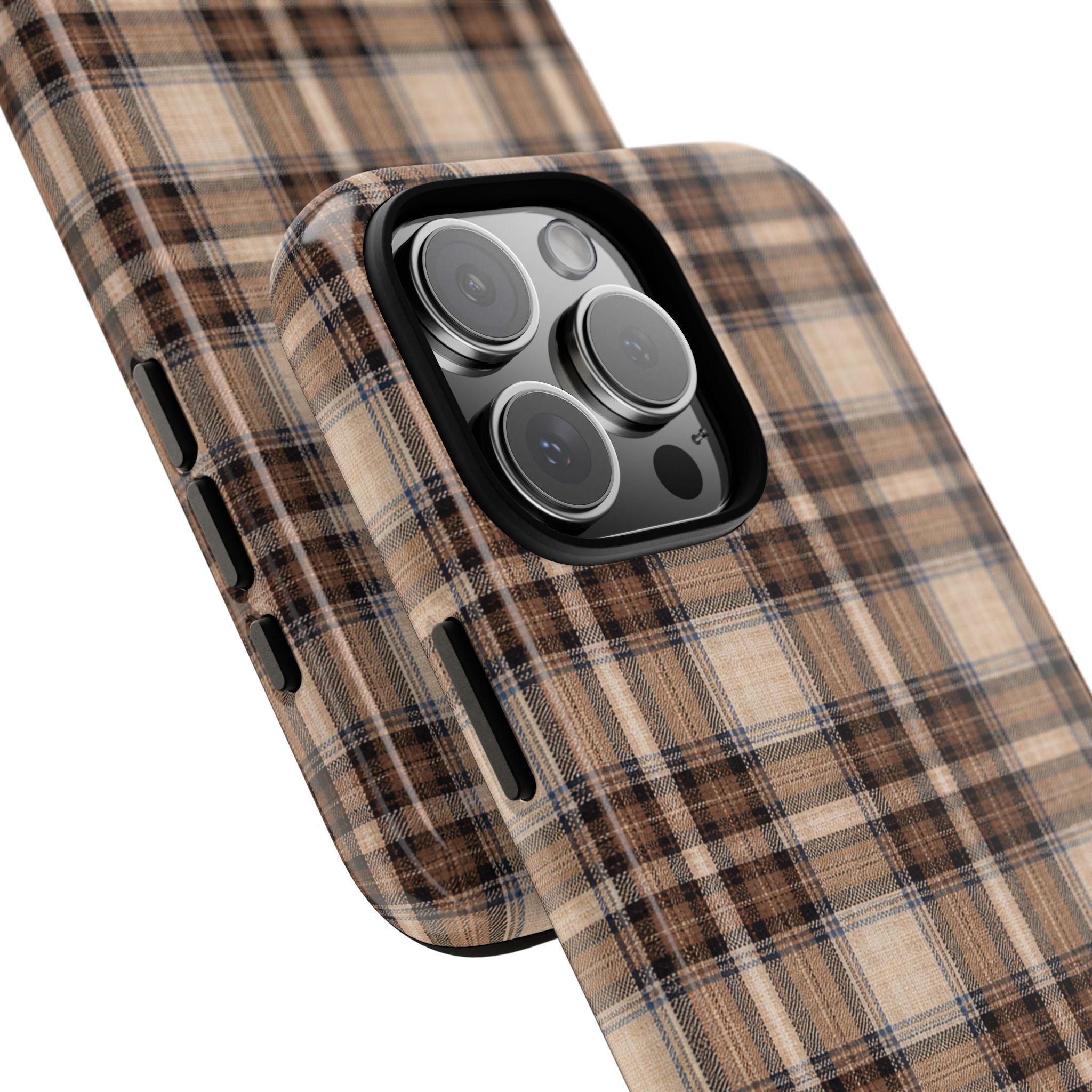 Plaid fabric phone case corner view with camera cover and side button cutouts