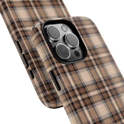 Plaid fabric phone case corner view with camera cover and side button cutouts