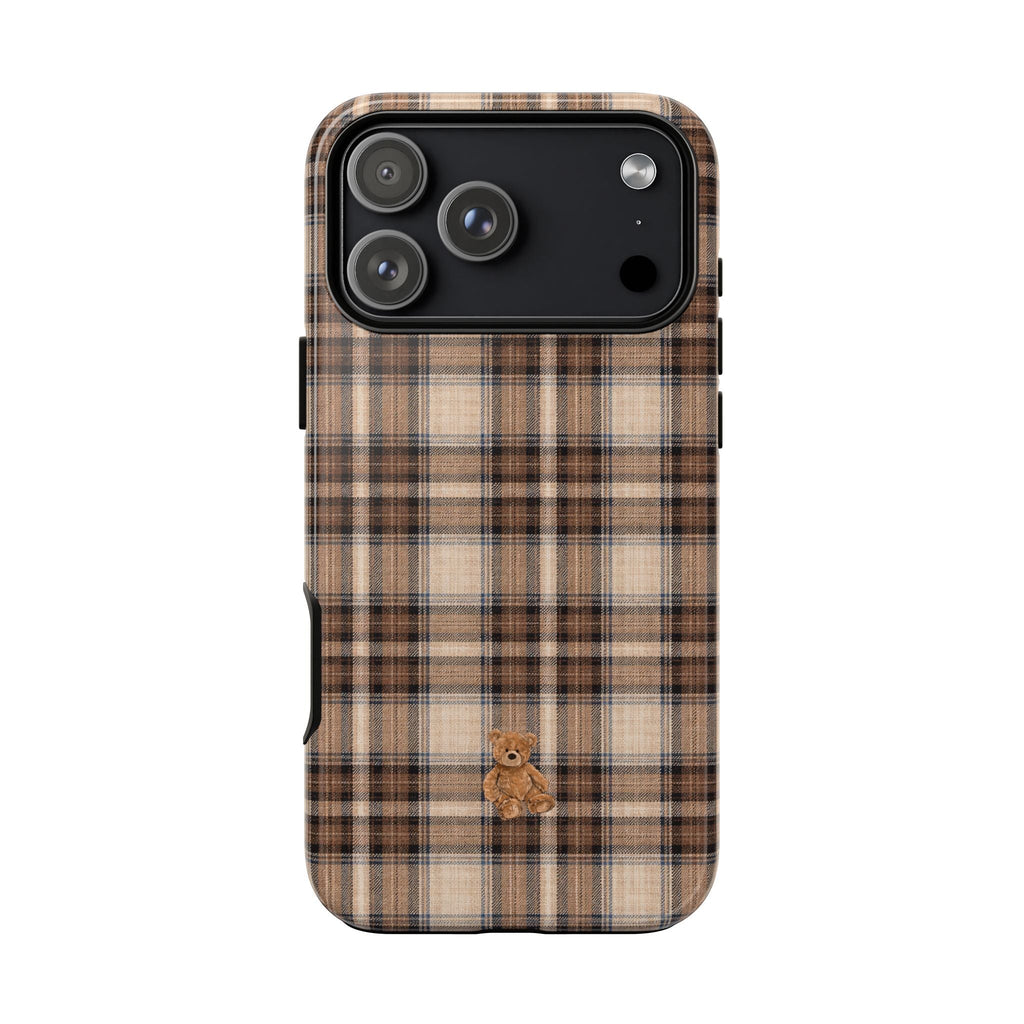 Chestnut plaid mini teddy bear phone case with camera and speaker cutouts