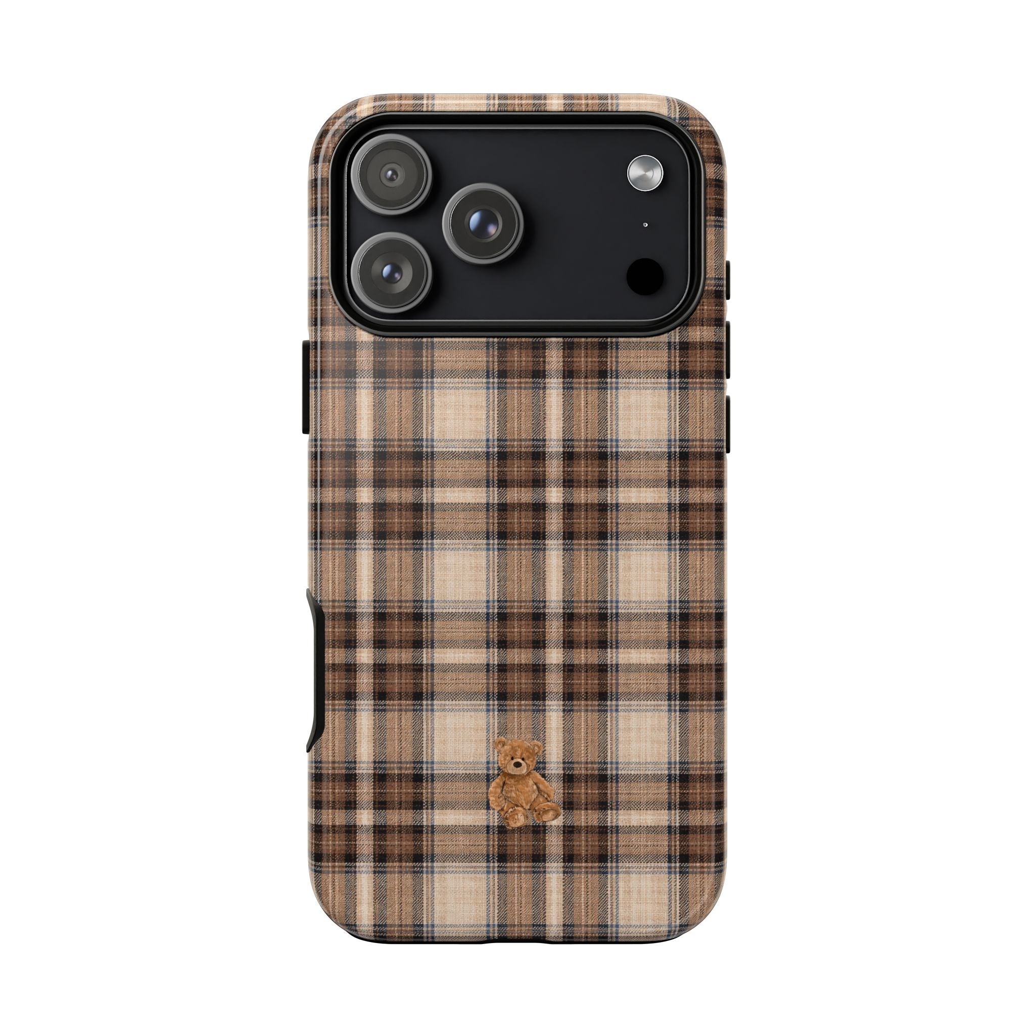 Chestnut plaid mini teddy bear phone case with camera and speaker cutouts