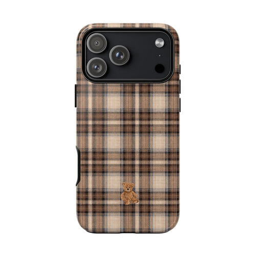 Chestnut plaid mini teddy bear phone case with camera and speaker cutouts
