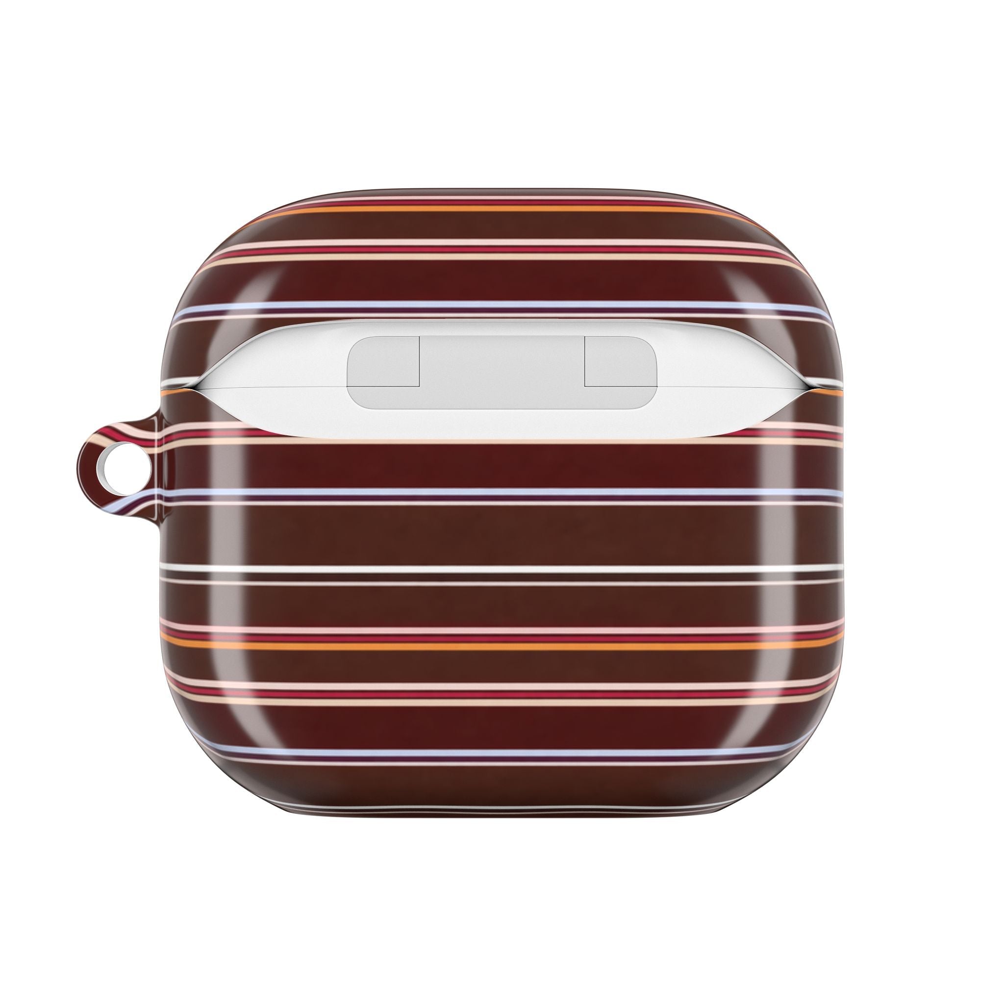 Chestnut striped AirPod case front view, protective cover with charging cutout and lanyard loop