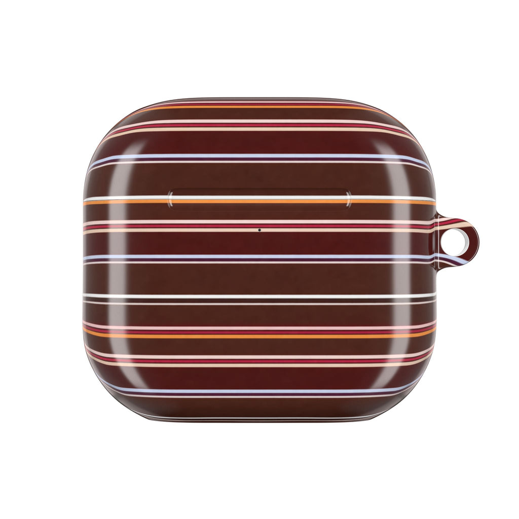 Chestnut striped AirPod case back view, closed shell with small lanyard loop on side