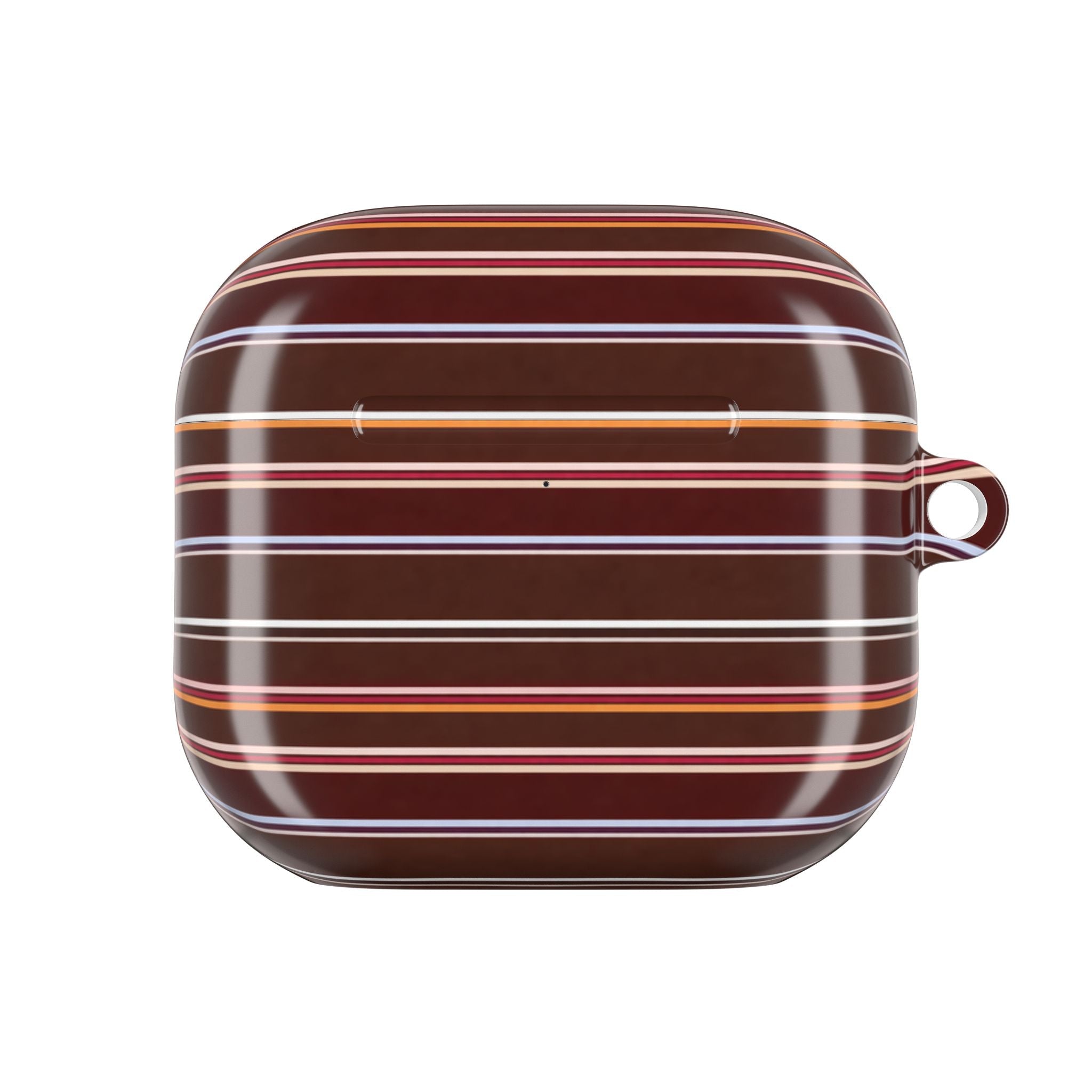 Chestnut striped AirPod case back view, closed shell with small lanyard loop on side