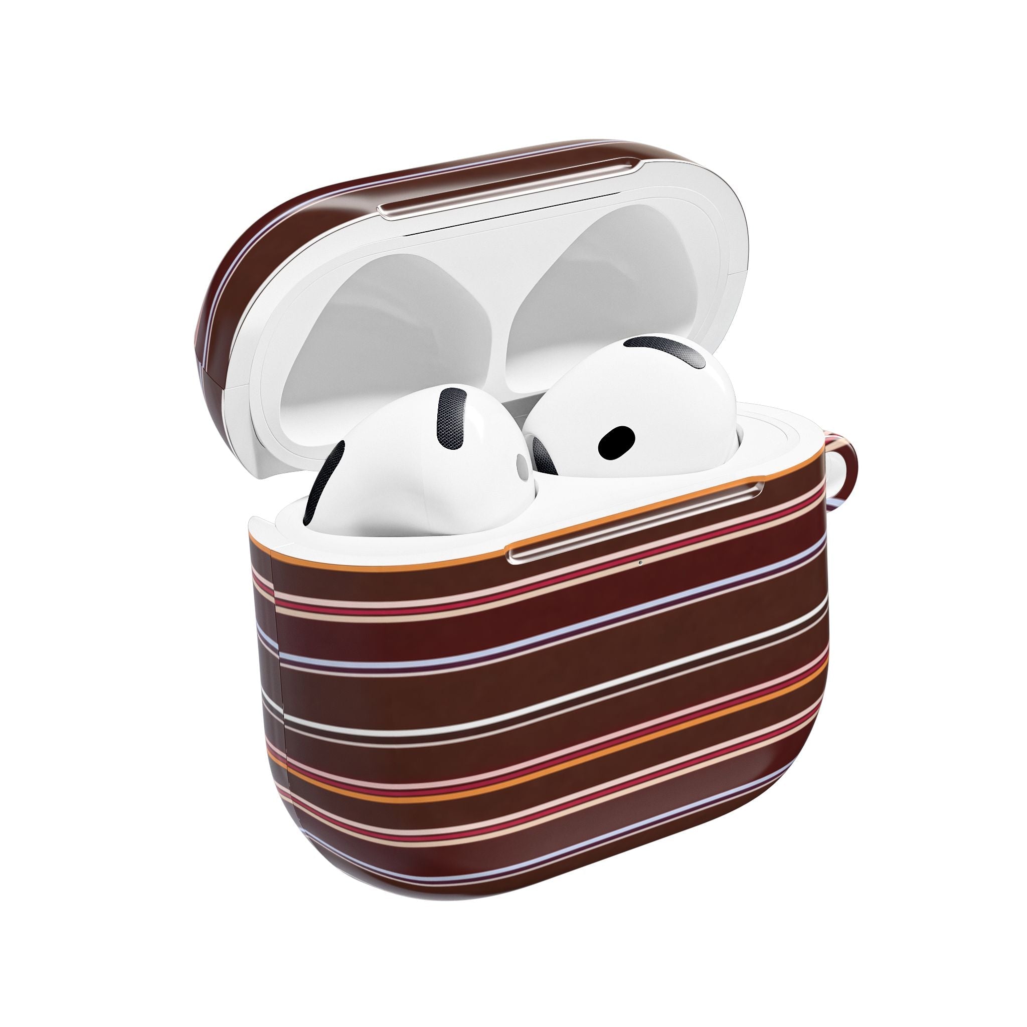 Chestnut striped AirPod case, open with earbuds inside and protective white shell
