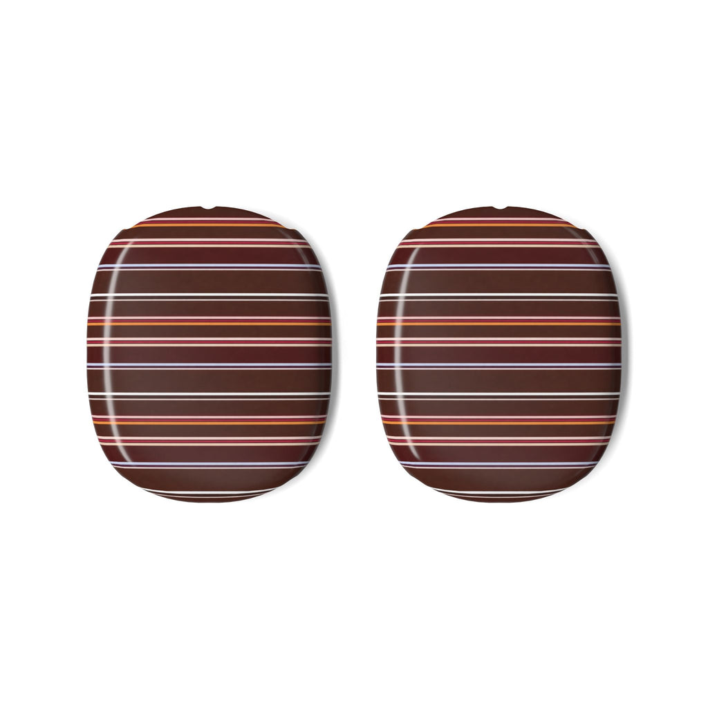 Pair of chestnut brown earcup covers with red, white, and orange horizontal stripes