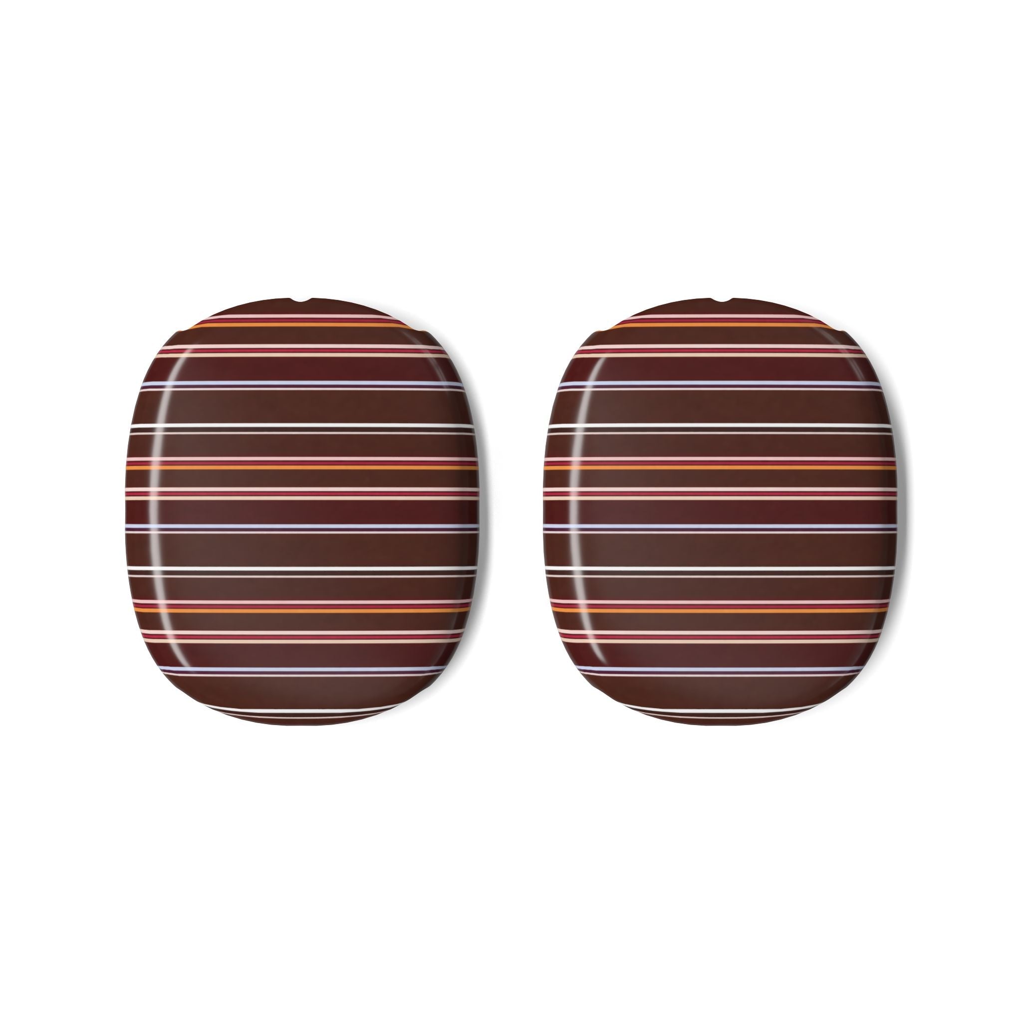 Pair of chestnut brown earcup covers with red, white, and orange horizontal stripes