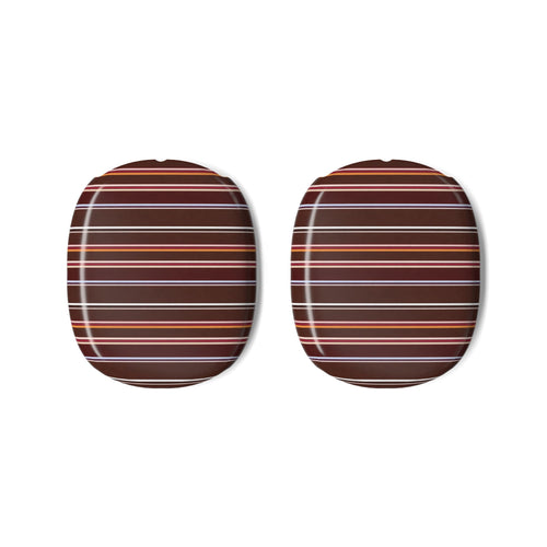 Pair of chestnut brown earcup covers with red, white, and orange horizontal stripes
