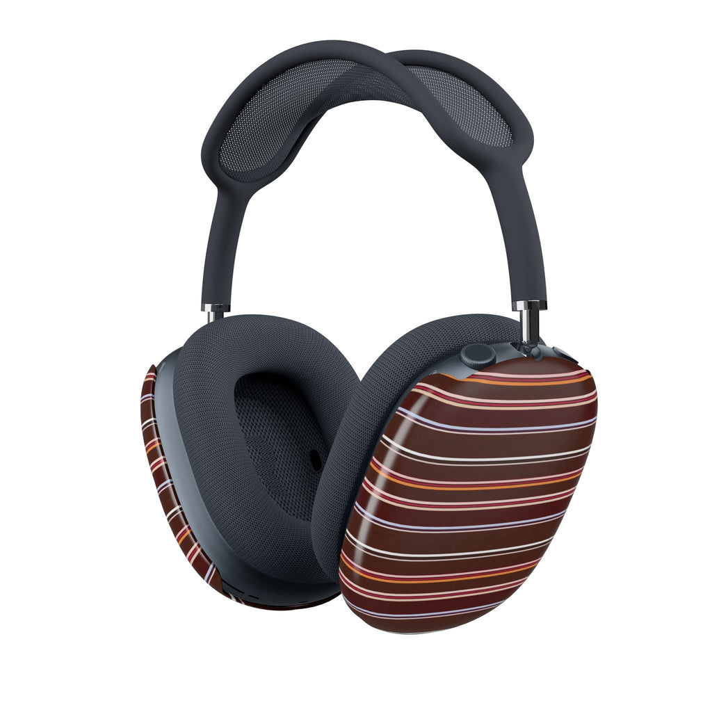 AirPods Max case covers in chestnut brown with red-and-white horizontal stripes