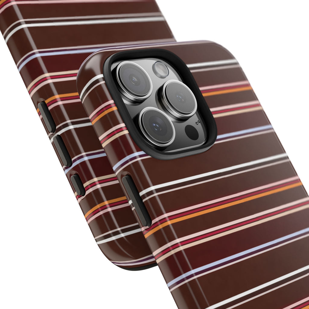 Chestnut striped phone case corner with raised camera cutout and stripe pattern
