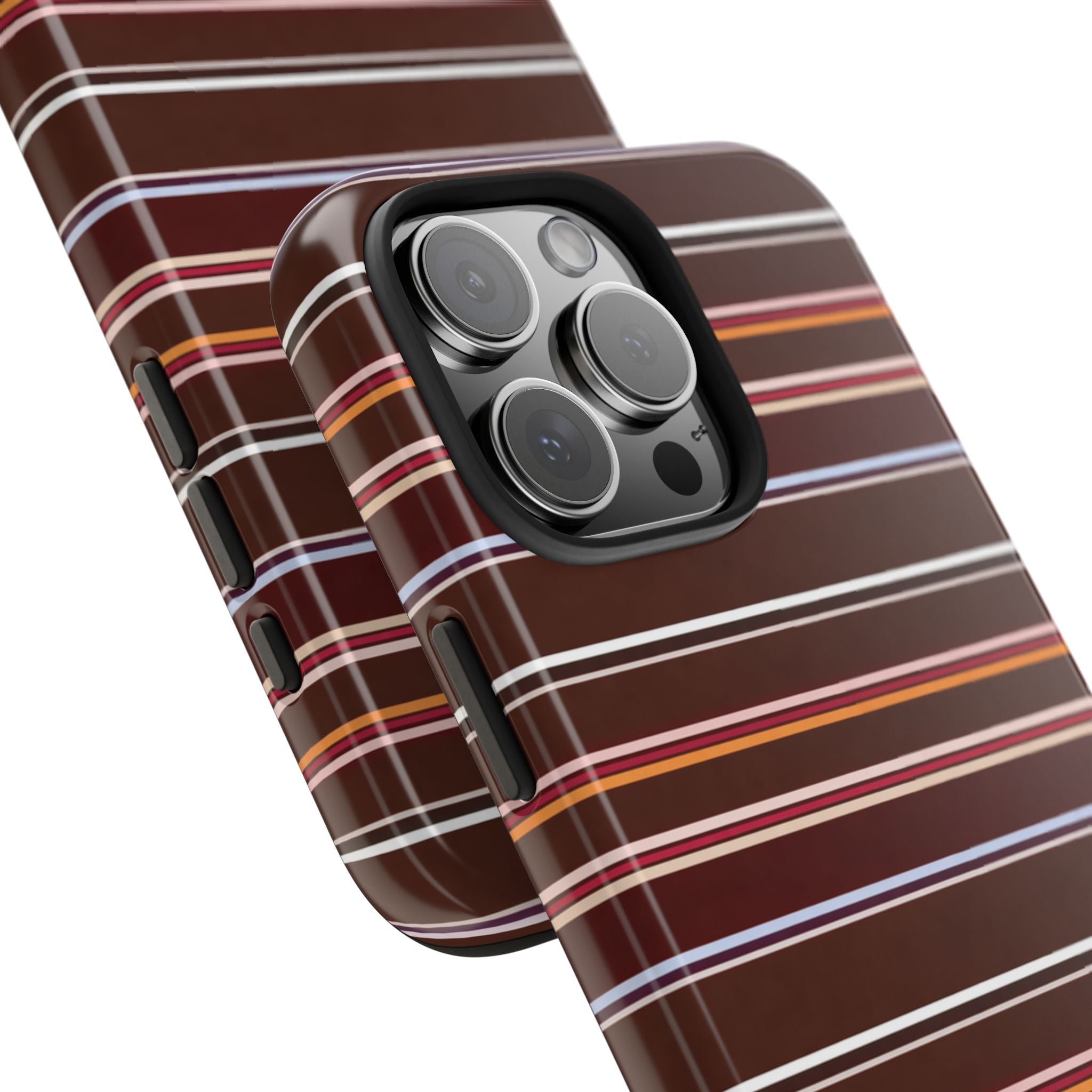 Chestnut striped phone case corner with raised camera cutout and stripe pattern