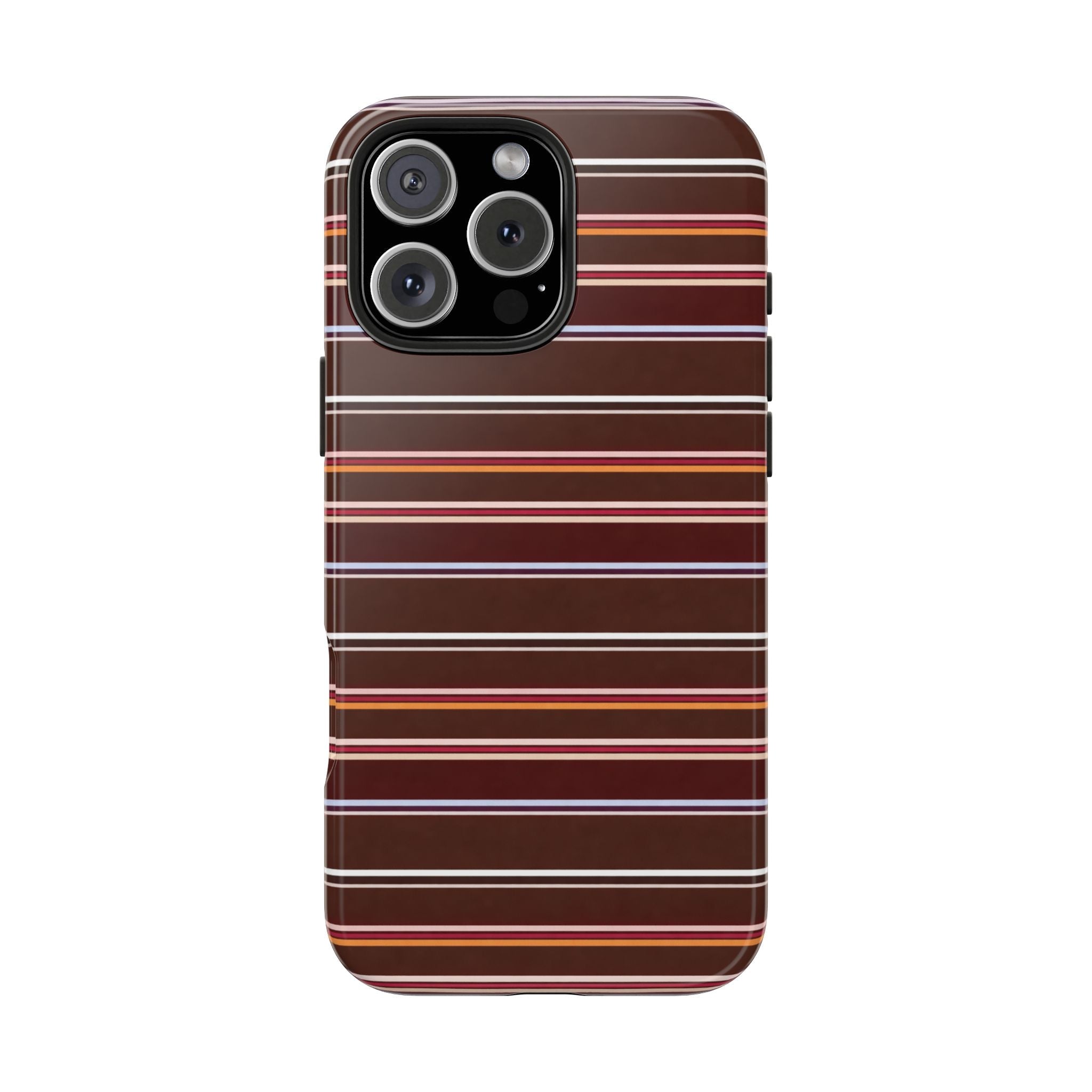 Chestnut striped phone case, brown with white and pink-orange stripe bands