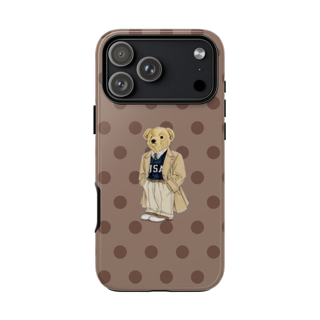 Front view brown polka dot phone case with teddy bear character wearing jacket