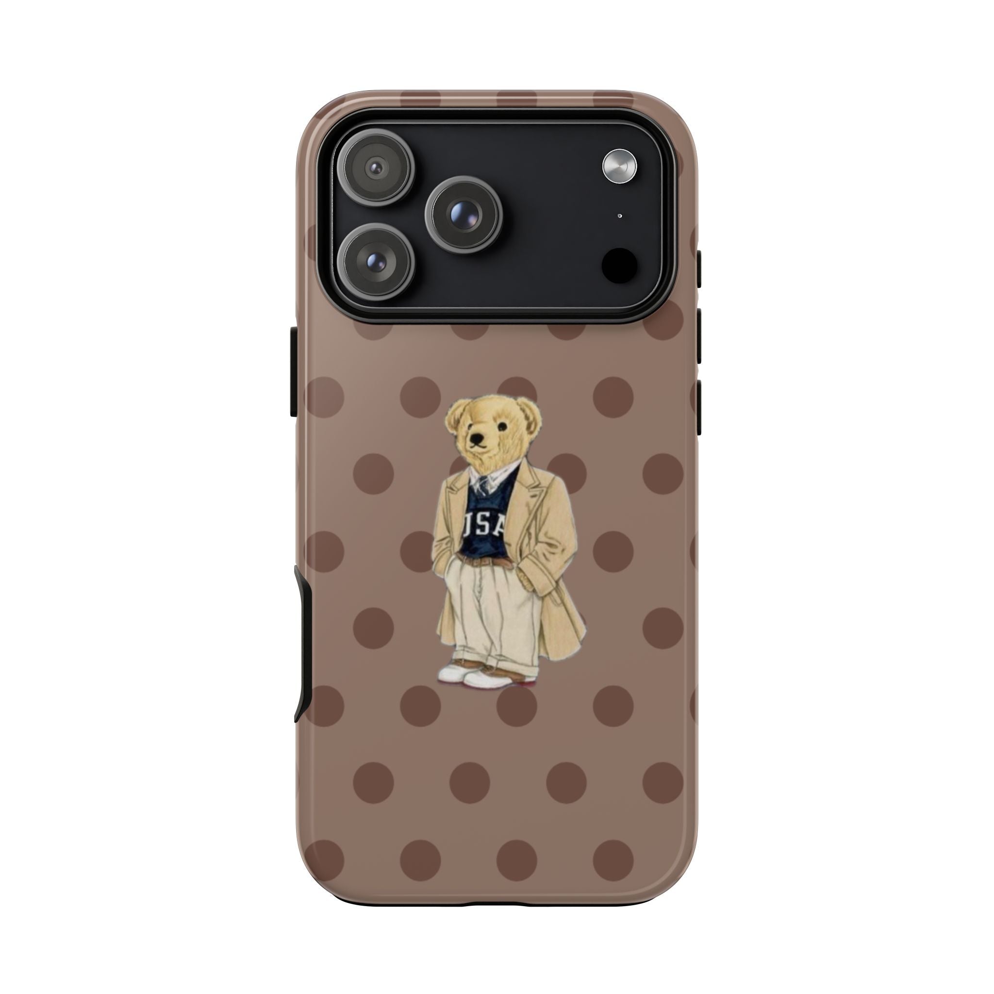 Front view brown polka dot phone case with teddy bear character wearing jacket