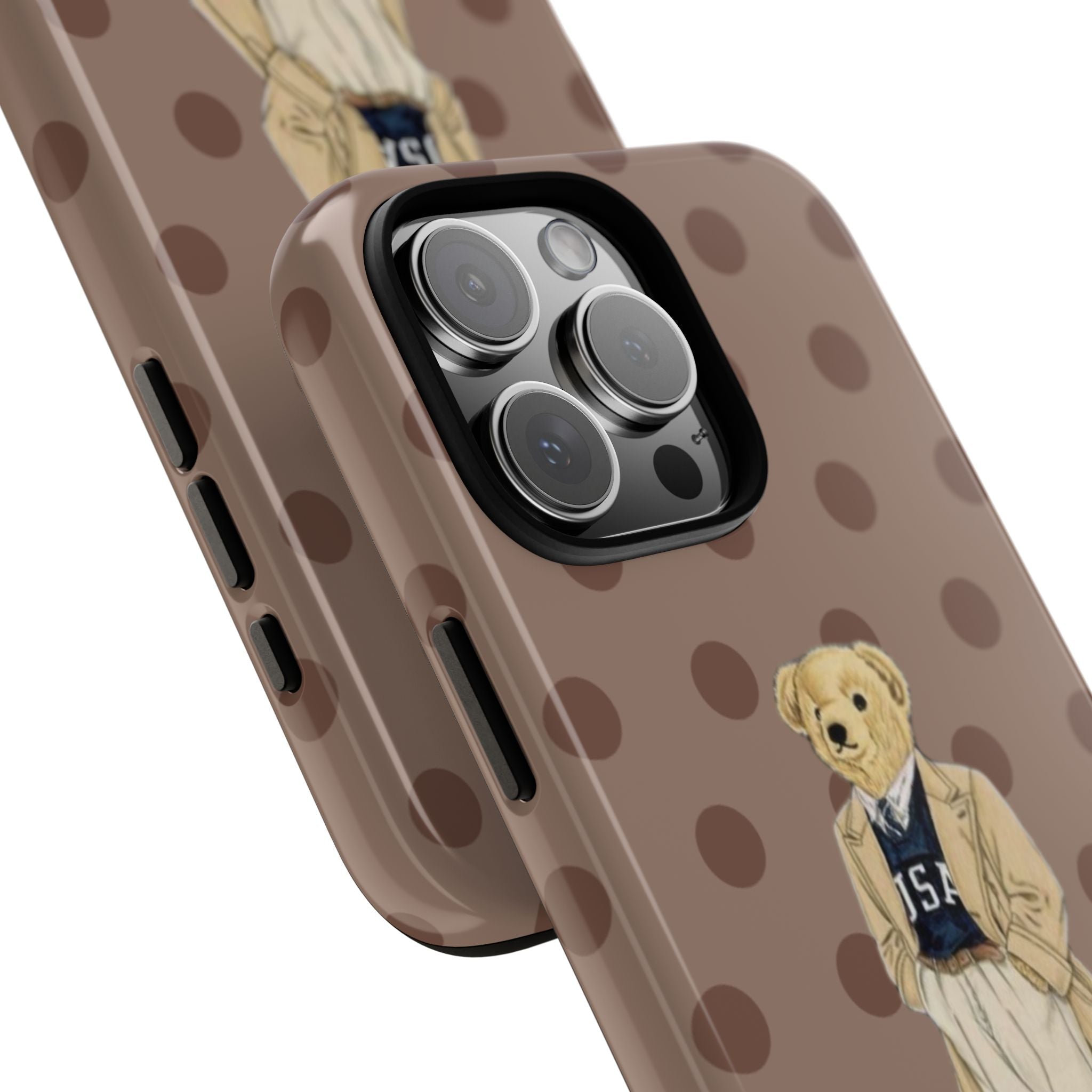 Side view brown polka dot phone case with teddy bear motif and camera lens openings
