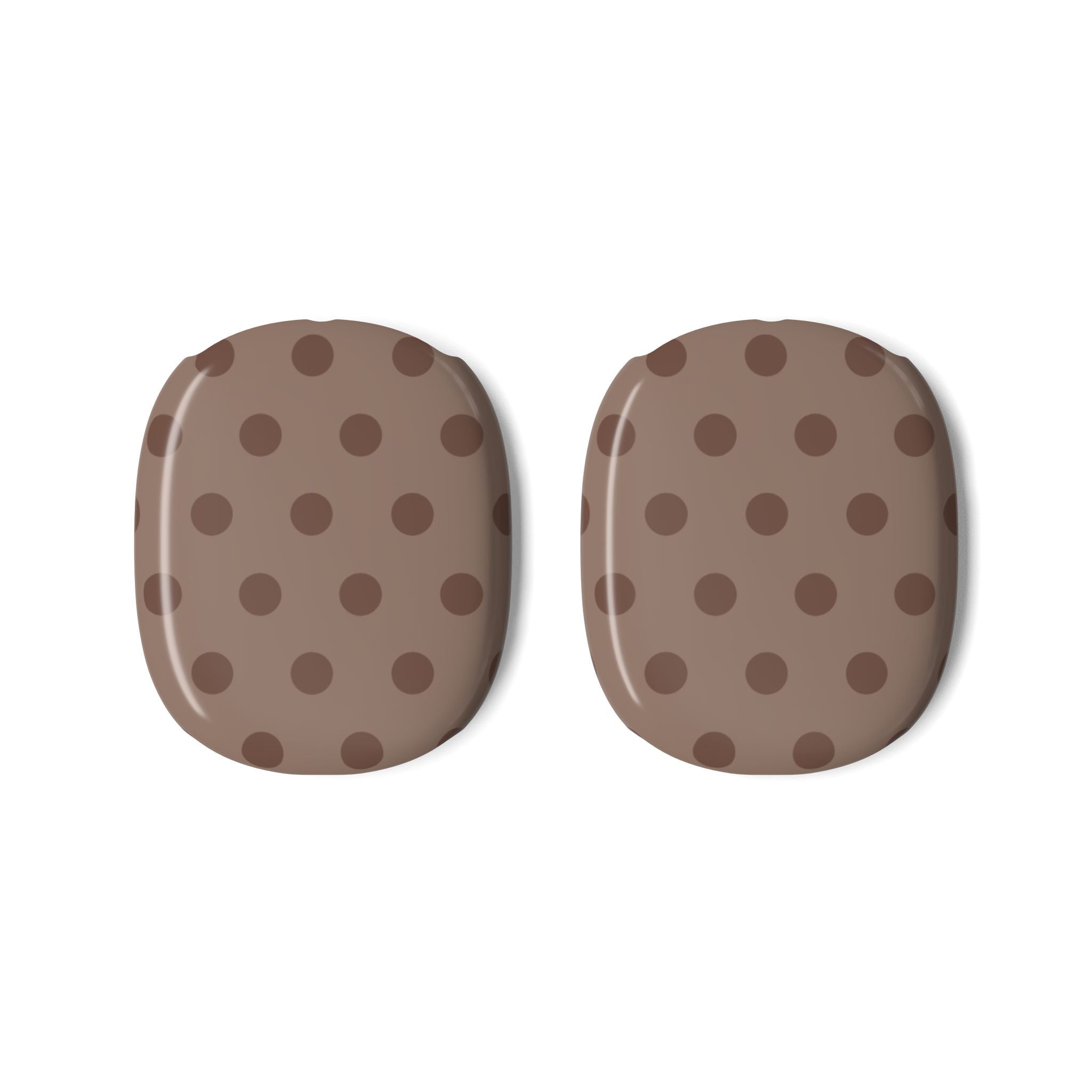 Two ear-cup case covers with chocolate-brown polka dots, rounded shape