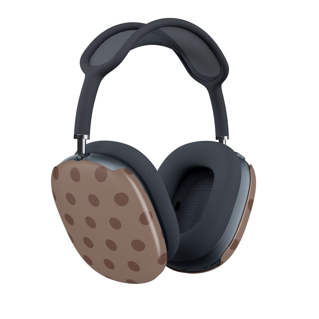 Angled view: chocolate polka dot case covers over dark mesh ear cups for AirPods Max