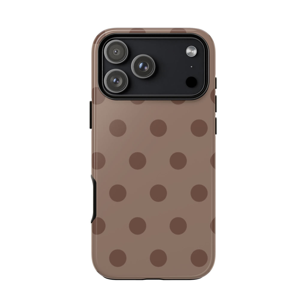 Chocolate polka dot phone case rear view with raised camera frame