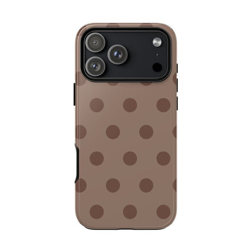 Chocolate polka dot phone case rear view with raised camera frame