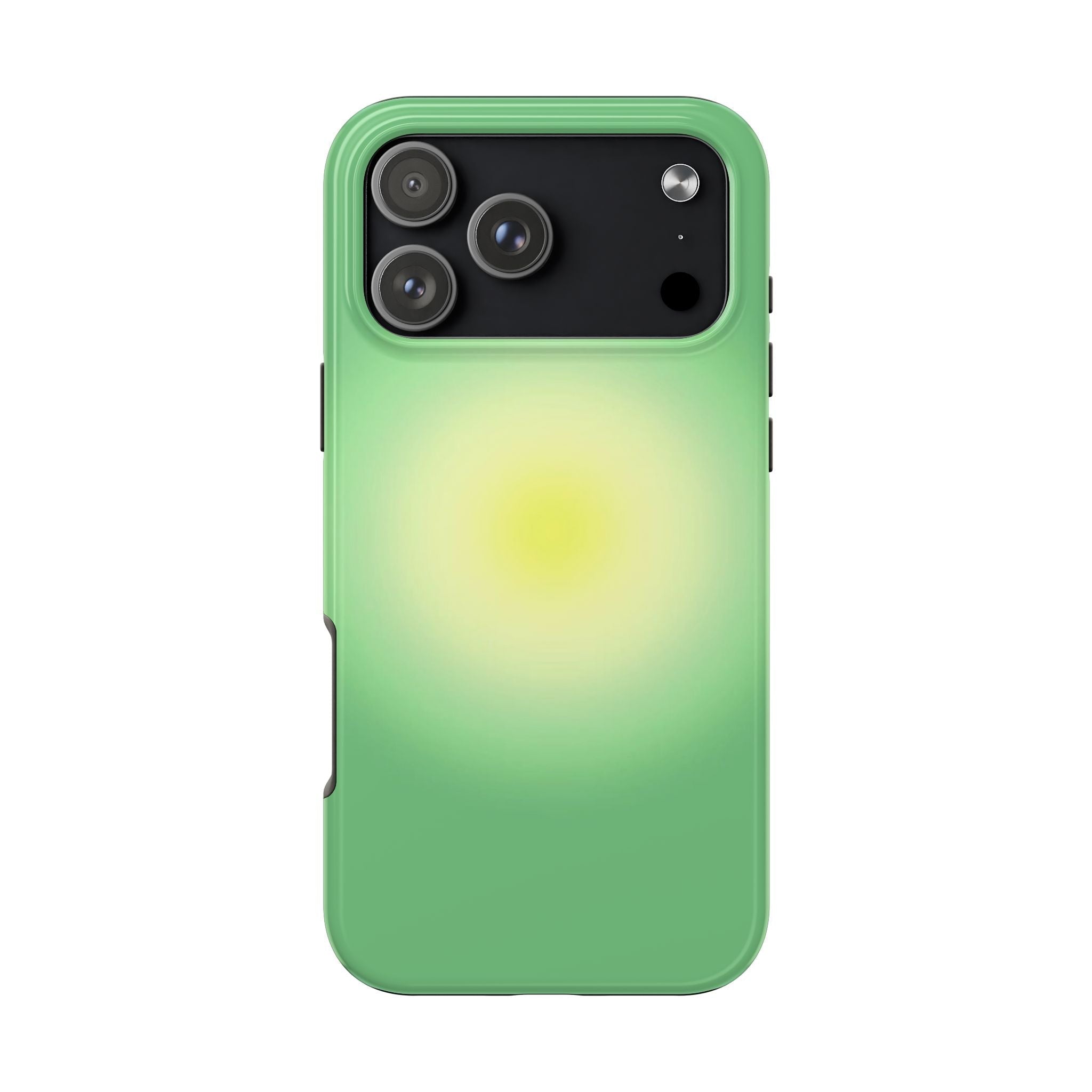 Citrus aura phone case in green with yellow center, raised camera cutout and lens rings