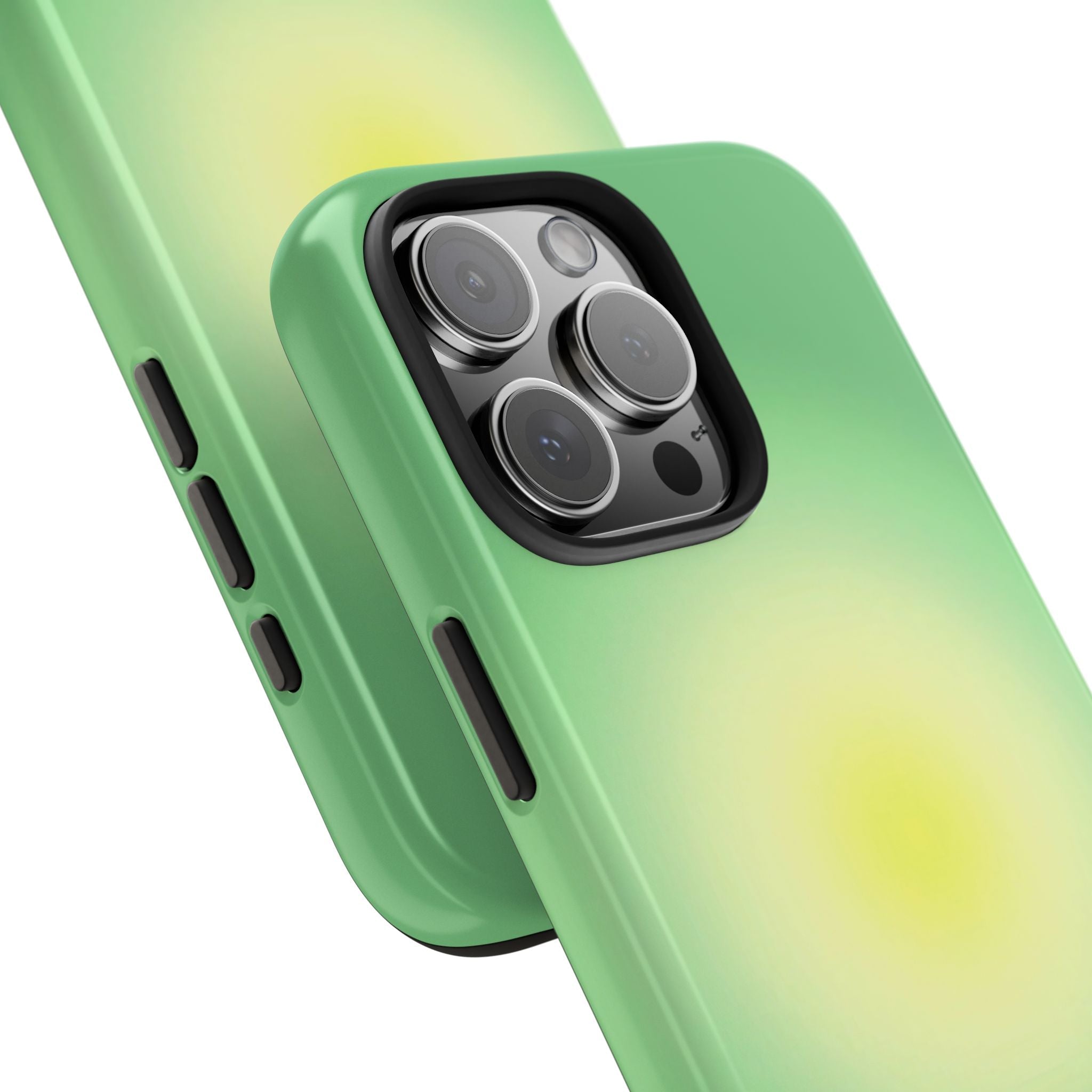 Close-up citrus aura phone case: green sides with button cutouts and camera lens cover