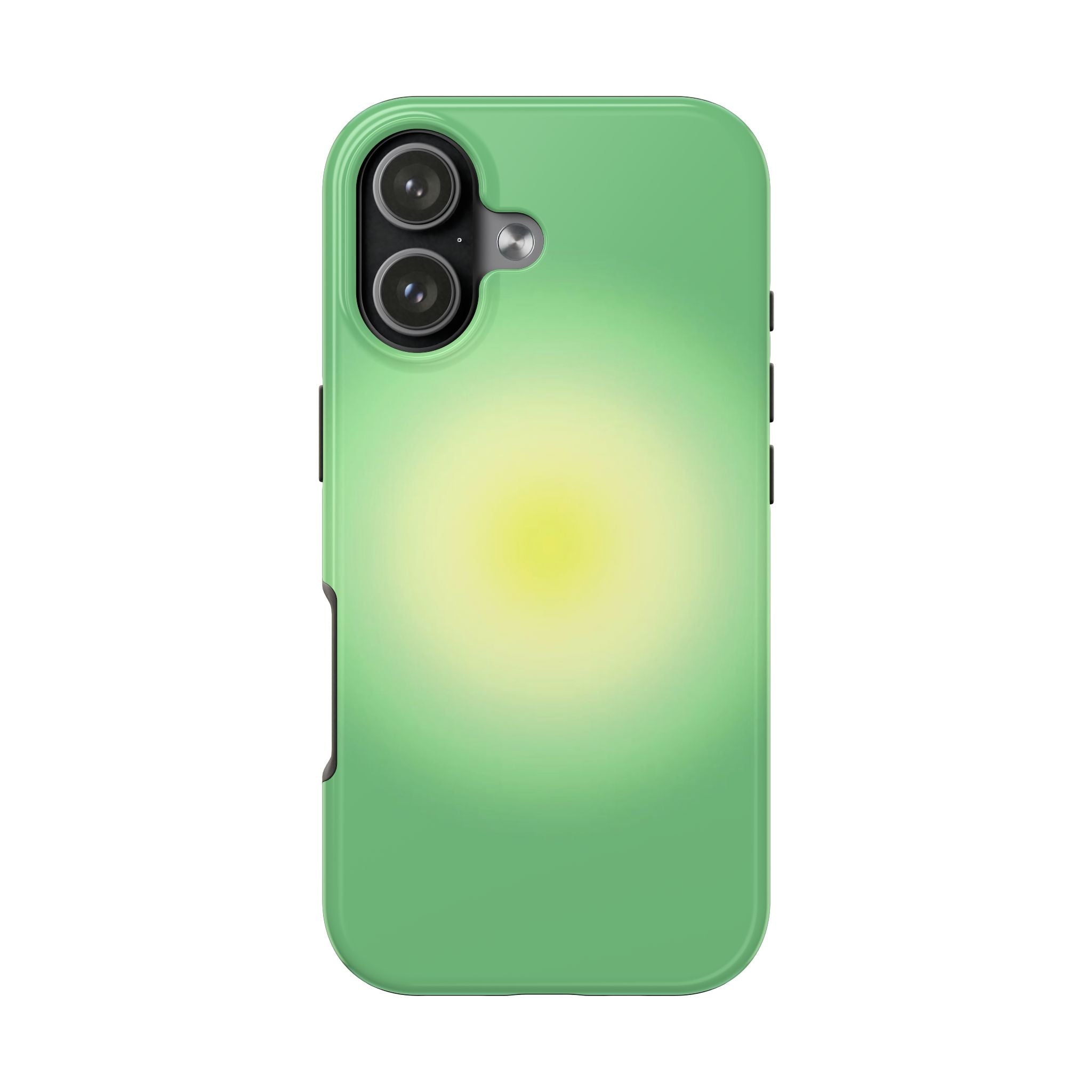 Citrus aura phone case, solid green back with yellow glow circle, camera cutout visible