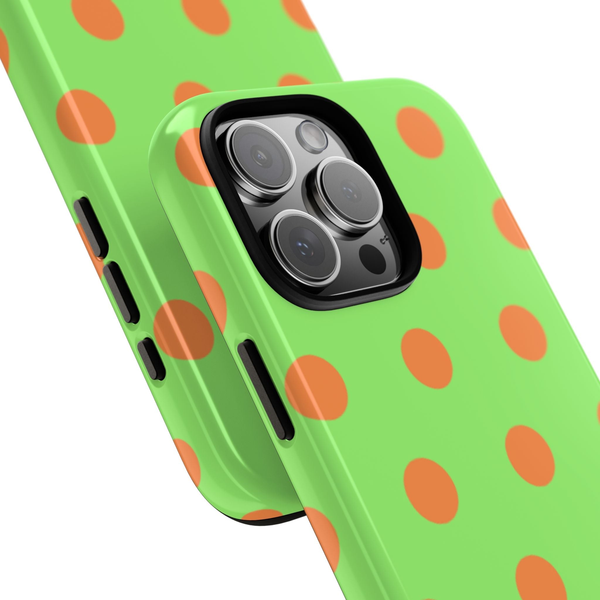 Green citrus polka dot phone case with raised camera bump and protective lens rim