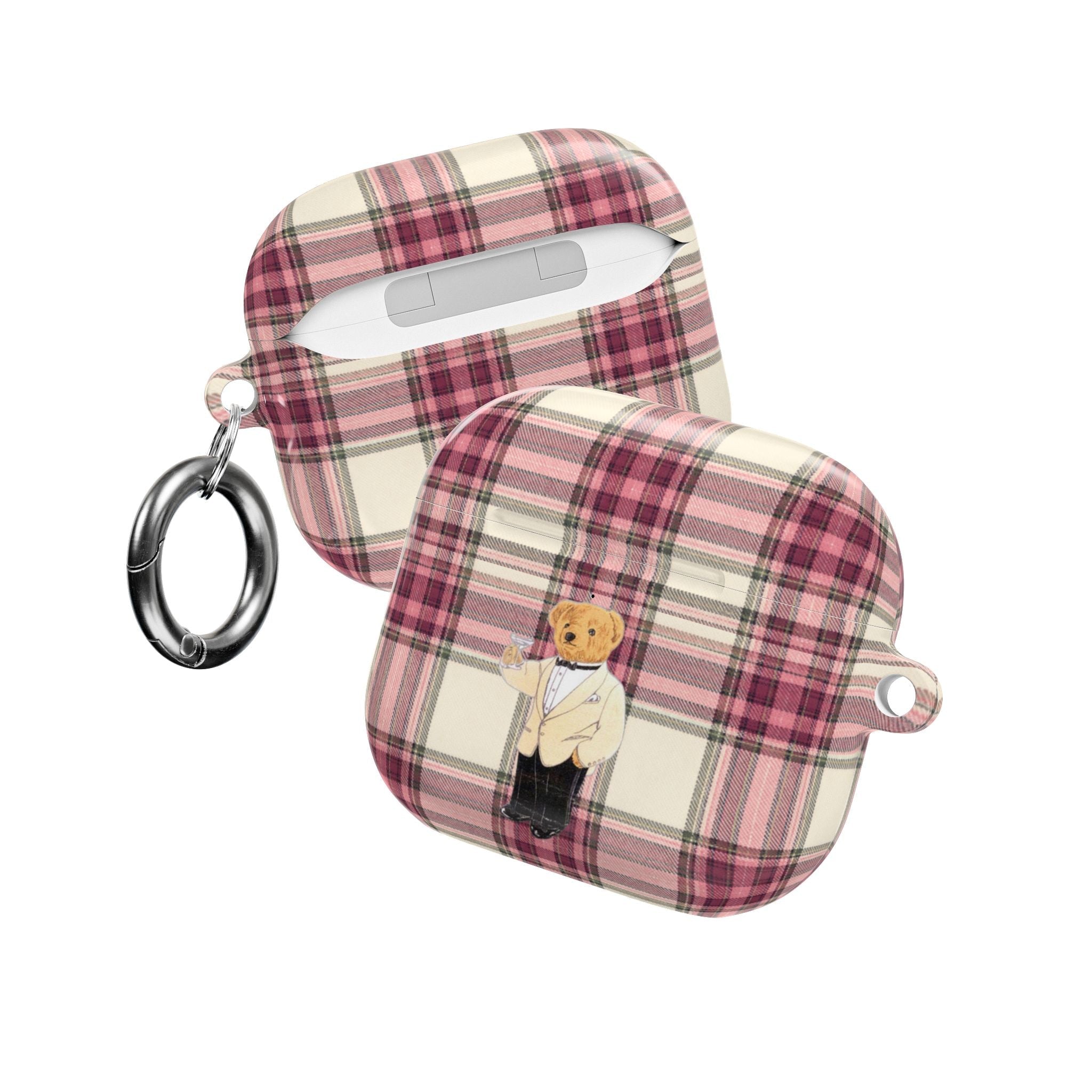 Plaid AirPods case with teddy bear graphic and metal keyring on side